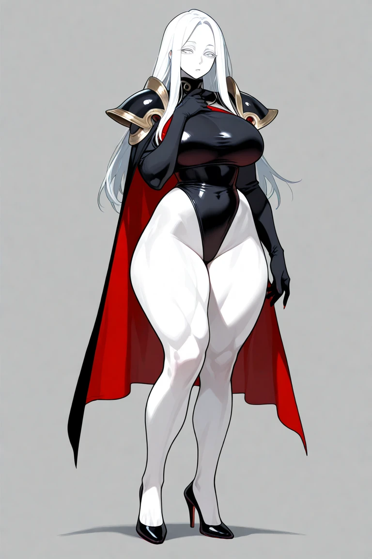 anime style girl 1,70 long light gray hair gray skin shark teeth and gray eyes and light gray pupils very thick and strong legs thick thighs, but without breasts (is flat chest) posing to see her legs in a classroom while wearing a black hooded cape that reaches to her feet with the hood up and a black full body leotard with black boots and tight lycra pants black color that covers his legs