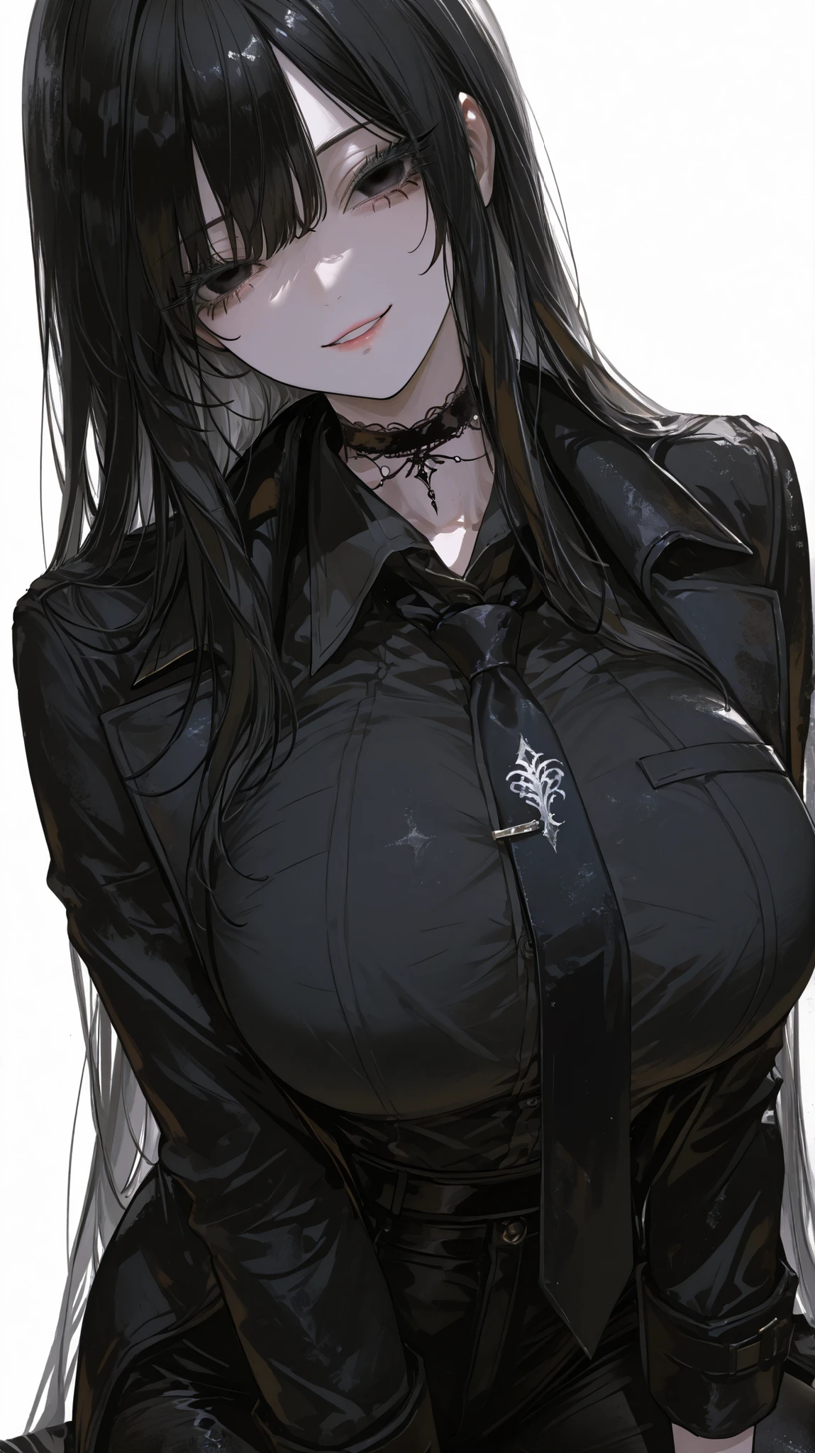 solo , black coat, single , 1girl, single , very long hair , black eyes , black hair , empty gaze , bangs, long hair , smile, large Breasts , parted lips , looking at viewer, colored eyelashes, black eyelashes, long eyelashes , albino , black shirt , black necktie , black choker , black pants , long sleeves, black gloves ,Standing position , half gloves ,white background , 748cmstyle