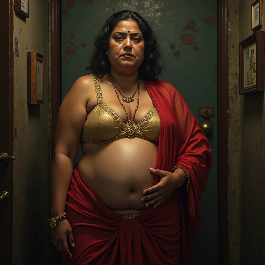 morbidly obese middle aged evil indian aunty screaming in pain from overeating, very tight kurta, extremely wide body, ussbbw, very gigantic very fat swollen pot belly, small breasts, her big belly is heavier than 500 kg, pregnant with octuplets, resting hands on big belly, in extreme pain from overeating, she is moaning and cringing, she is screaming in excruciating pain from overeating, she is tightly scrunching her face, burping