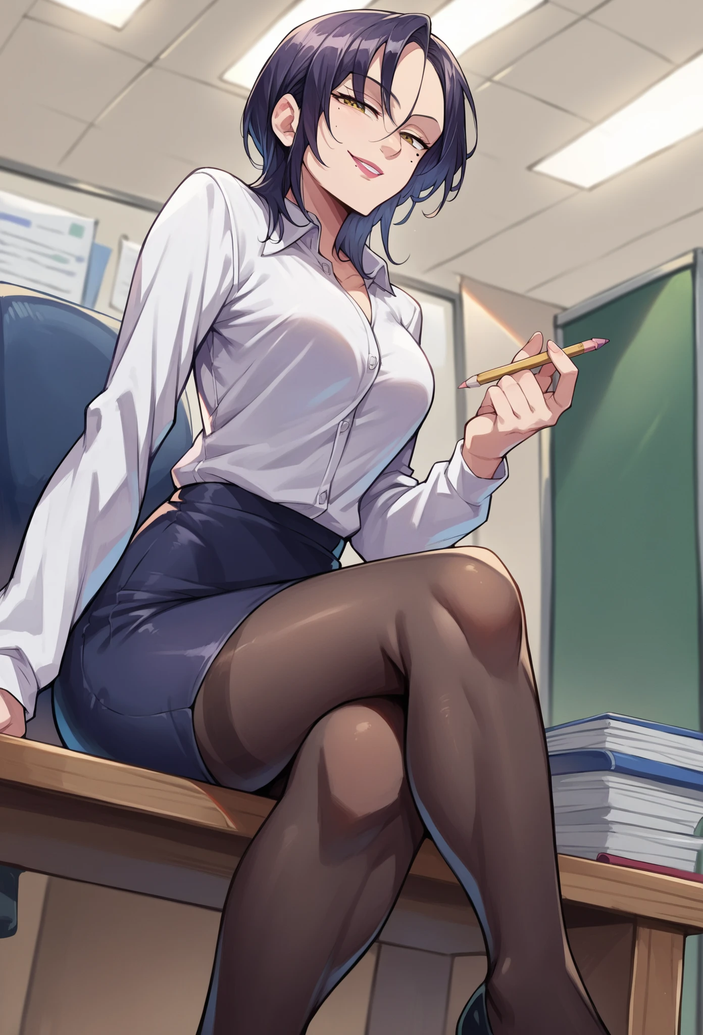 ((masterpiece)),((best quality)),ultra-detailed,illustration,1girl, torn clothes, solo, torn pantyhose, pantyhose, panties, underwear, skirt, blush, book, breasts, large breasts, pussy juice, brown hair, short hair, clenched teeth, black panties, looking at viewer, teeth, english text, chalkboard, black hair, blue eyes, green eyes, sweat, jacket, pencil skirt, cameltoe, sitting, black pantyhose, teacher, panties under pantyhose, school uniform, suit, blazer, formal, sweatdrop, aqua eyes, vibrator, spread legs, bow,Beautiful Finger,Beautiful long legs,Beautiful body,Beautiful Nose,Beautiful character design,perfect eyes,perfect face,alluring,wallpaper,perfect lighting,Colorful,ultra highres,4K,photography,8K,HDR,highres,(groin),inoue orihime,(Beautiful, large breasts:1.2),(beautiful face:1.2),(narrow waist),(full body),shiny skin,nsfw,anime screencap,,closed mouth,smile, <lora:Hikami Yukino_:0.7>