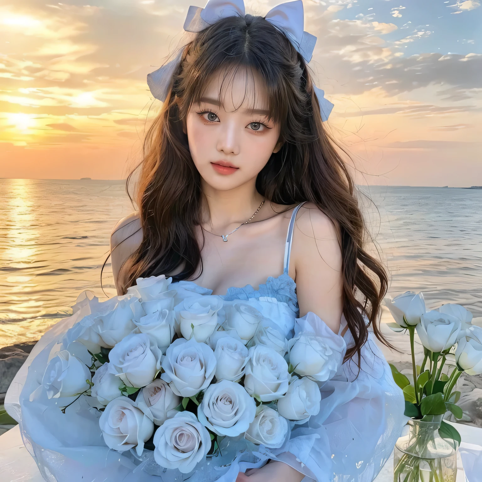 Minnie of g-idle, almond-shaped eyes, full lips , large and voluptuous breasts . flirty look. without bangs