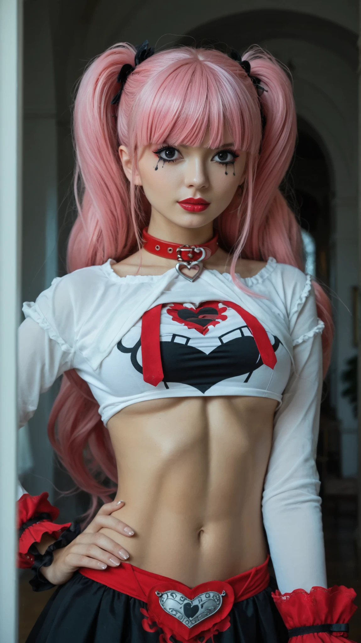 Girl, alone, realistic style, fantasy anime fashion, slim build, very long pink hair with thick, straight bangs swept to the side, soft confident expression, large expressive eyes with long curly eyelashes, gothic makeup with bright red lipstick and subtle eyeliner, black eyes, black eyeliner, Girl, breasts, alone, looking at viewer, wearing a white, fitted, long-sleeved shirt with red cuffs and collar detailing, and an ornate black heart and key emblem on the chest, showing underbust. She is wearing pink panties with black lace trim and black and white striped thigh-high socks, standing with one hand on her hip in a confident and sexy pose, with a surprised expression, indoors, thighs, soft cinematic lighting, emulating a Canon EOS R5 with an 85mm f/1.4 lens. Composition according to the rule of thirds. Asian, beautiful (age 25), toned abdomen, charming, highly detailed.