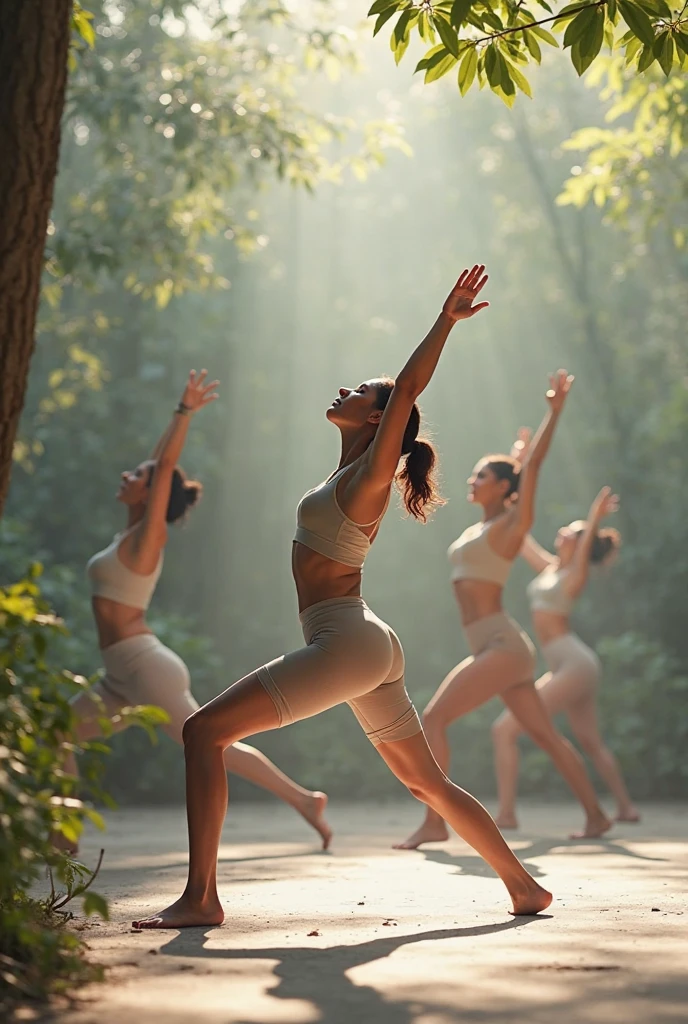 Five yogis doing yoga in the forest at 8am 