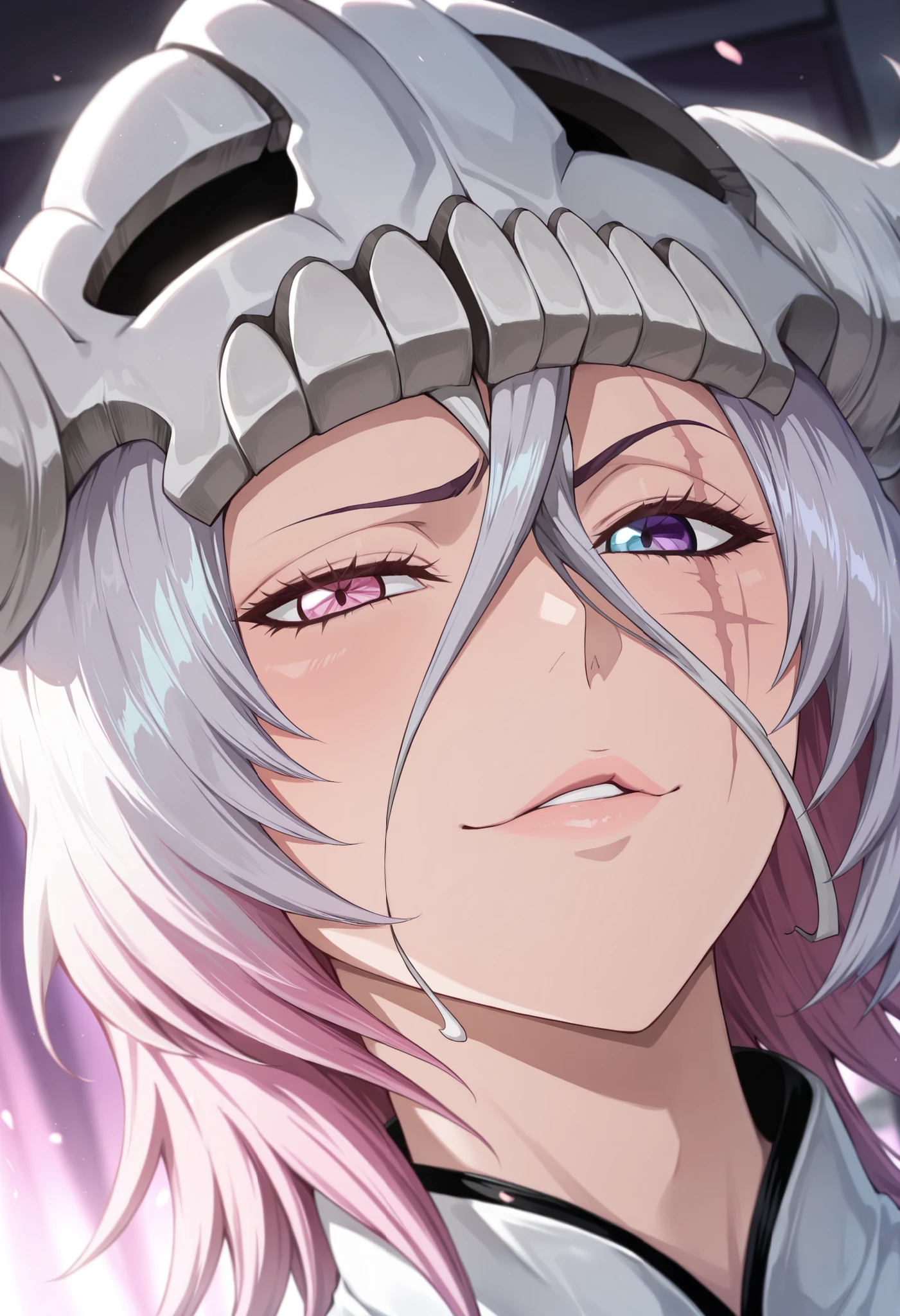 masterpiece,best quality,amazing quality,highres,absurdres,very_awa, upper body, only face, face shot, (((portrait))), close up on face, face portrait, masterpiece, best quality, newest, absurdres, highres, detailed eyes, beautiful, detailed background, beautiful woman, mature,(masterpiece, best quality:1.2), amazing quality, very aesthetic, 32k, absurdres, newest, (masterpiece, best quality:1.2), amazing quality, very aesthetic, 32k, absurdres, newest, (((arrancar))), (((bleach))), 1girl, solo, naughty face, mature female, half-closed eyes, skull_on_head, medium hair, huge horns, white horns, mature female, dutch angle, (morning:0.8), blurry background, glowing light particles, depth of field, raised eyebrown, raised eyebrow, looking for side, tilting up head, embarassed face, silver hair, (((heterochromia))), (((right pink eye))), (((left purple eye))), biting own lips, scar mark on left eye