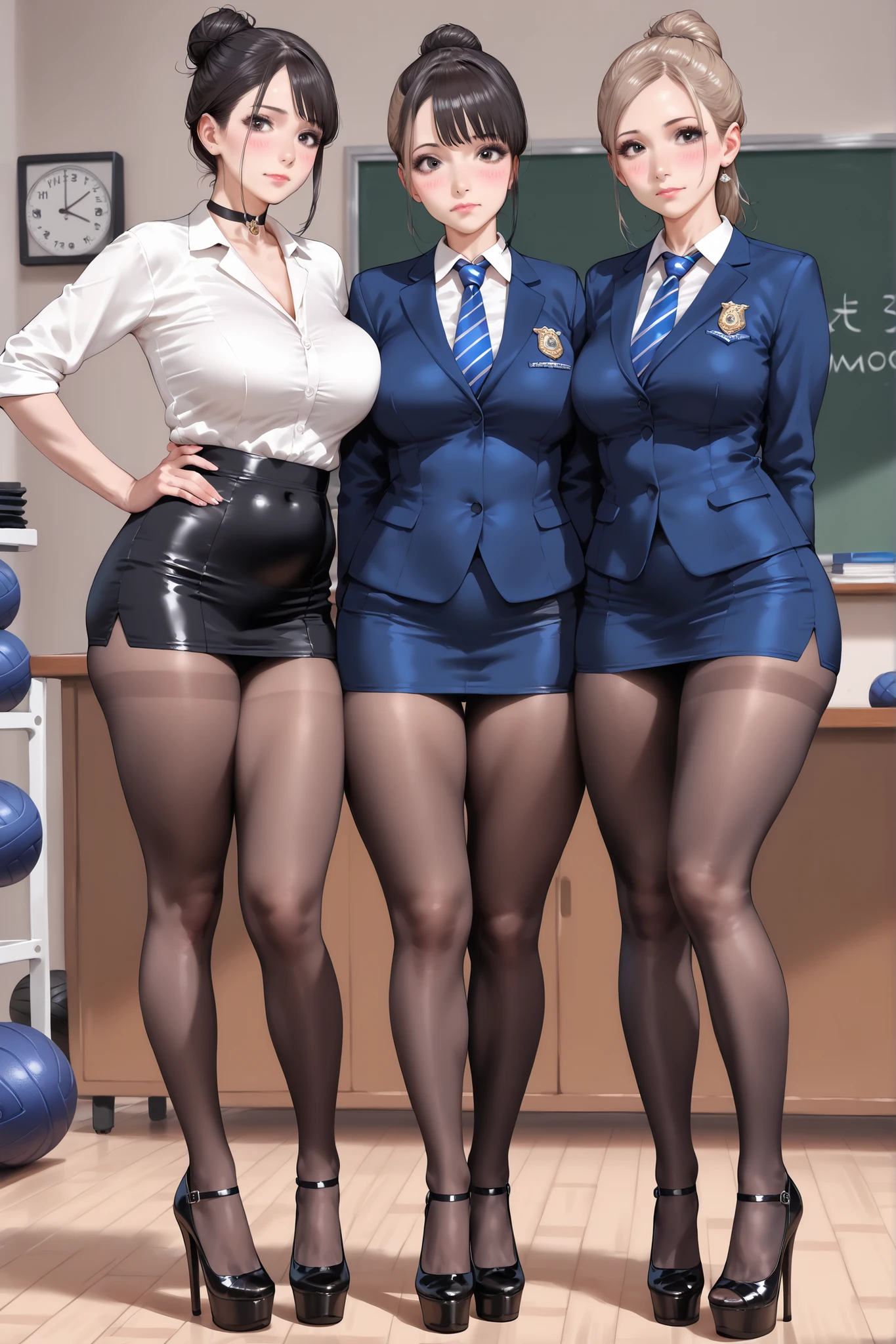 {situation; 「Wearing thin black pantyhose is an obligation for office lady cosplayers, The three, To kindergarten」},
,score_9, score_8-up, score_seven up, score_, scoreS, score_4-up, tag1, tag 2, 最High Quality, High Quality, Thorough, high resolution, 8k, 超high resolution, Realistic Saturation, fellatrix style, High Quality, perfect contrast, anatomically accurate, in front of a bright classroom blackboard, embarrassed expression, Beautiful Eyes, ((Three Tall mothers and your lower side 1 cute boy)), ((black pantyhose standing with attractive leg length)), ((what erotic mom and son full body shot)), (Middle-aged men have their semen collected every day), the mothers are wearing simple, small white collared shirts, dark blue, tight, mini uniforms, glamorous and tight, voluptnous, Venus's Body, and 3 tall cosplay office workers in gravure always wear black pantyhose, ((three mothers and a son in gym clothes who are young at their feet are standing side by side facing each other)), (and a ), ((My son cute boy in gym clothes is )),
mother in OL cosplay;{詳細な肌, shy, Super cute face, A threesome with brown wavy bob, beige ponytail hair, and black hair in a bun, ( super breasts :1.2), (Realistic Dark Blue OL Mini Uniforms:1.4), (Blazers prohibited), (choker, Miniskirt in an open white collar tie shirt), thin waist, (The length of a tight mini skirt is very small:1.4), (Long legs with wide thighs and wide shin splints:1.2), (Ultra-realistic seamless plump black pantyhose:1.2), ((It's a pre-obligation)), (Wear platform high heels), },