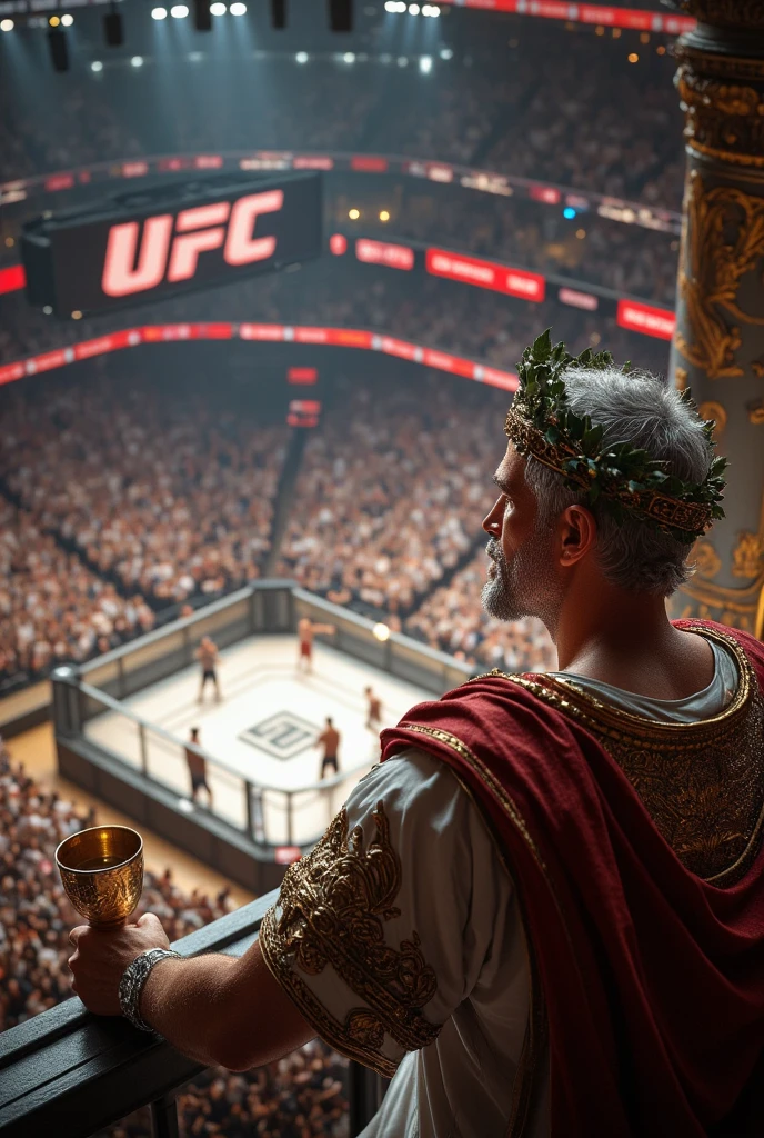 Create a surreal and impactful scene featuring the legendary Roman Emperor Julius Caesar, transported to the modern era, where he is enthusiastically watching a UFC fight from a prime vantage point overlooking the octagon. Caesar is depicted as an older statesman, appearing over 50 years of age, with a balding head and graying hair that conveys wisdom and experience.

He wears a crown of green laurel leaves on his head, symbolizing his triumph and authority. His expression is one of excitement and curiosity as he witnesses the raw power and skill of the fighters in the octagon. He holds a golden goblet overflowing with wine, raising it in celebration as the crowd roars around him.

Caesar is dressed in his iconic Roman attire, complete with a white tunic adorned with gold embroidery and a red paludamentum draped over his shoulder, symbolizing his imperial status. He is seated in a VIP section of a bustling arena, positioned in such a way that the octagon is clearly visible in the foreground.

The modern arena is filled with bright lights, large screens displaying replays, and the electric atmosphere of a live sporting event. The octagon is the focal point, with fighters engaged in intense combat, surrounded by the vibrant energy of the spectators. The contrast between Caesar's ancient attire and the contemporary setting creates a striking visual impact, highlighting the timeless appeal of competition and spectacle.

Use advanced rendering techniques to achieve ultra-realistic textures and lighting. Implement a cinematic effect with dynamic camera angles and slow-motion sequences to emphasize the excitement and energy of the scene. Incorporate lens flares and color grading to enhance the visual impact, creating a rich, immersive experience. The scene should be rich in detail, with realistic reflections, shadows, and atmospheric effects like the glow of arena lights and the movement of the crowd. The overall composition should evoke a sense of wonder and excitement