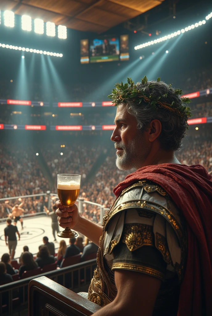 Create a surreal and impactful scene featuring the legendary Roman Emperor Julius Caesar, transported to the modern era, where he is enthusiastically watching a UFC fight from a prime vantage point overlooking the octagon. Caesar is depicted as an older statesman, appearing over 50 years of age, with a balding head and graying hair that conveys wisdom and experience.

He wears a crown of green laurel leaves on his head, symbolizing his triumph and authority. His expression is one of excitement and curiosity as he witnesses the raw power and skill of the fighters in the octagon. He holds a golden goblet overflowing with wine, raising it in celebration as the crowd roars around him.

Caesar is dressed in his iconic Roman attire, complete with a white tunic adorned with gold embroidery and a red paludamentum draped over his shoulder, symbolizing his imperial status. He is seated in a VIP section of a bustling arena, positioned in such a way that the octagon is clearly visible in the foreground.

The modern arena is filled with bright lights, large screens displaying replays, and the electric atmosphere of a live sporting event. The octagon is the focal point, with fighters engaged in intense combat, surrounded by the vibrant energy of the spectators. The contrast between Caesar's ancient attire and the contemporary setting creates a striking visual impact, highlighting the timeless appeal of competition and spectacle.

Use advanced rendering techniques to achieve ultra-realistic textures and lighting. Implement a cinematic effect with dynamic camera angles and slow-motion sequences to emphasize the excitement and energy of the scene. Incorporate lens flares and color grading to enhance the visual impact, creating a rich, immersive experience. The scene should be rich in detail, with realistic reflections, shadows, and atmospheric effects like the glow of arena lights and the movement of the crowd. The overall composition should evoke a sense of wonder and excitement