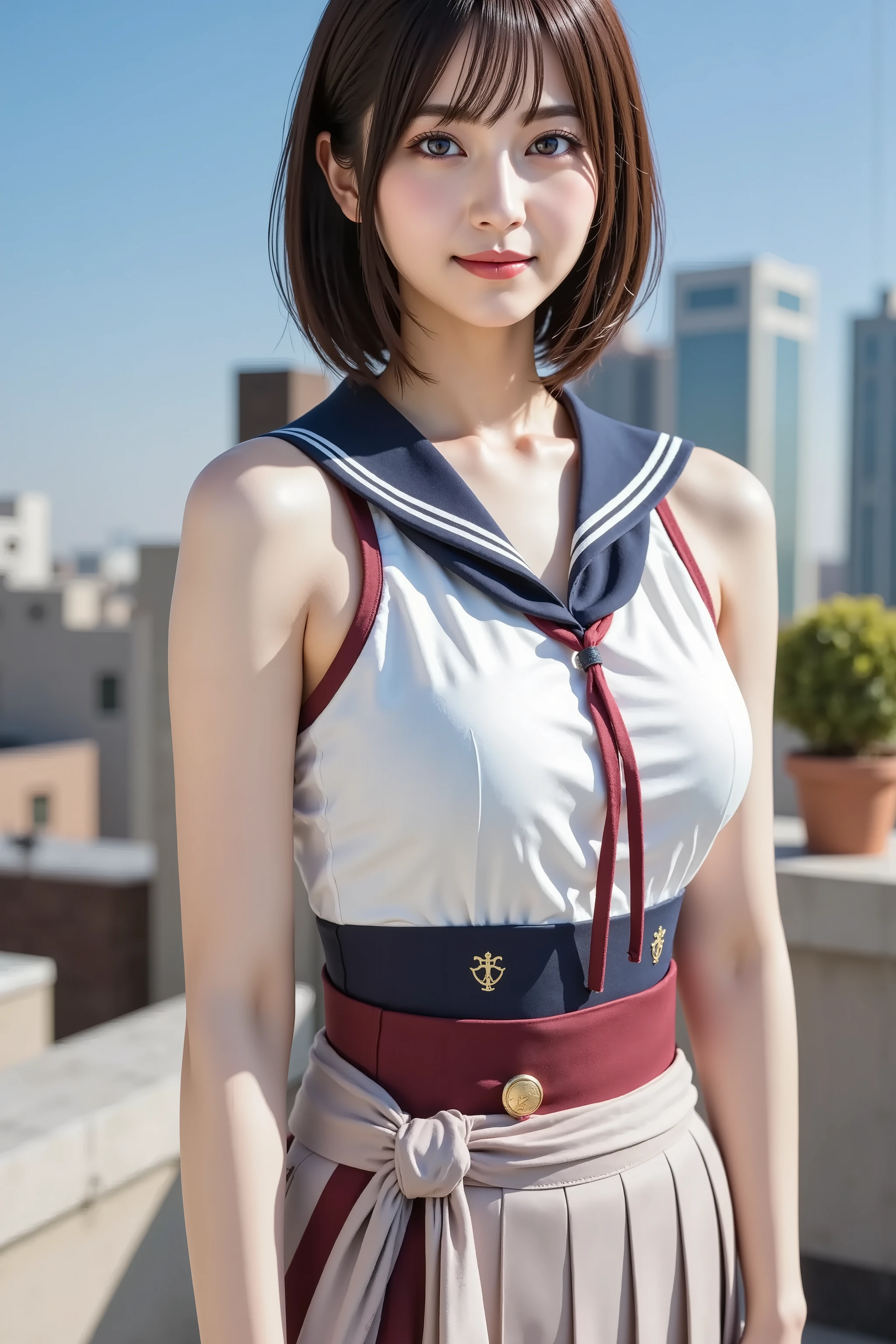 firm breast, by adjusting the framing so the subject's full head is visible within the composition, a highly detailed and realistic digital illustration of a female character in a stylized military-inspired fantasy outfit, realistic upper‑body portrait photograph framed just below the shoulders so the head stays fully in view with slight headroom, subject on a sunlit city rooftop. Describe garments, accessories, lighting, and environment only; omit any mention of hair, hairstyle, anime, or cartoon. Outfit: cropped sleeveless sailor uniform top in matte white twill, front split by wide crimson and navy stripes edged with slim gold piping; navy V collar trimmed white, tied with compact crimson neckerchief. Hem sits just under ribs, held by crimson waistband closed with brass anchor button. Bottom: pearl‑gray pleated mini skirt, high‑waist, wrapped by navy sash bearing brushed gold kanji and star icons, knot tails streaming behind. Accessories: polished short katana balanced over right shoulder, black rayskin grip with burgundy cord, sakura‑cut brass guard, wave hamon shimmering in sun. Left wrist wears navy sweatband accented in crimson. Scene: blue sky, distant glass towers, concrete parapet lines, lone potted shrub at edge, street grid blurred far below. Lighting: overhead sun camera left 5600 K, sharp highlights on blade and folds, soft concrete bounce lifting collar underside, overall balanced exposure. Camera: full‑frame, 50 mm prime, f2.2, ISO100, 1/1000 s, vertical 2:3, RAW, mild warm grade, no smoothing. Palette: navy, crimson, white contrasted against cool sky and gray concrete. Goal: fuse crisp uniform tailoring with martial edge, capturing motion in pleats and sash plus glinting steel against airy urban backdrop, light wind suggested by fabric lift and faint city hum. Stitching on pleats throws tiny shadows; waistband shows slight sheen from midday heat. Dragon etched along blade glints in sun. Parapet mottled with chalk lines hint rooftop drills