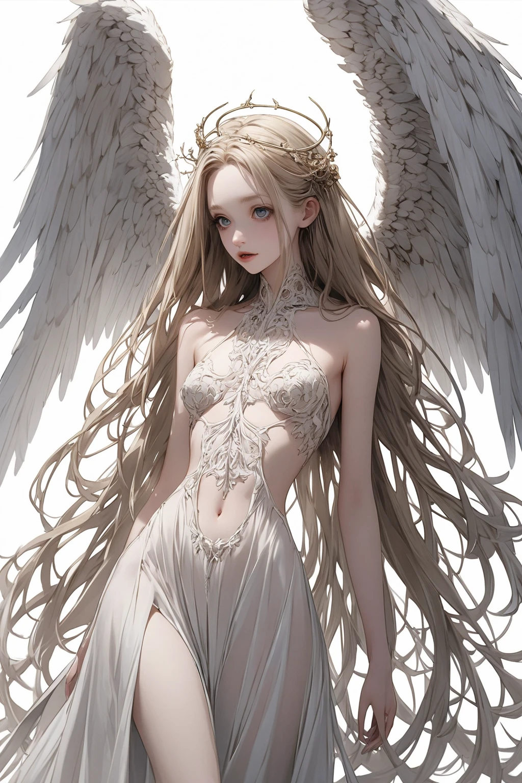(white color concept:1.0),a girl like doll with angel wings, archdevil, nearly naked, thin body, skinny, small breasts, flat chest, (dynamic pose:1.2), thin body, tiny tits, from the navel up, from below, devil crown, dragon horn, looking down at camera, (no hands),(Highest quality authentic textured skin),(Fine, Round, Symmetrical eyes),Delicate facial features,(Burning bright and cold eyes), very slim and thin body, naked, nude, (She has a mischievous sadness on her face),metal earrings on the ears,A messy painting,(Hair flows in air:1.5),,(Surrounded by black feathers),Epic realism,Cinematic feeling,(high-density imaging review:1.5),Ultra detailed,Dramaticlight,(intricately details:1.1), complex background, fractal background,(fangs:1.2),smile