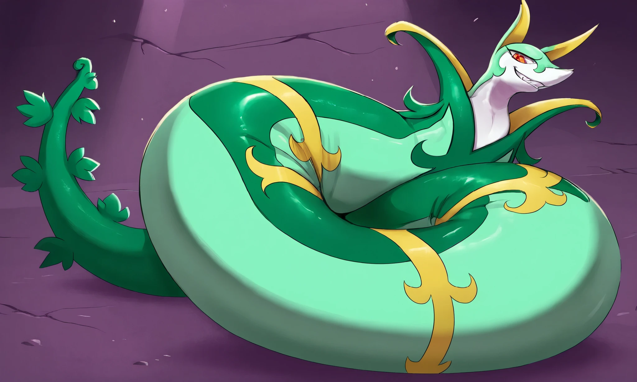 serperior, WnSrpr, 1boy, solo, detailed eyes, evil grin, looking at viewer, heavy weight massive, long thick body, long tail, no legs, glossy skin, dynamic lighting, full body, from below