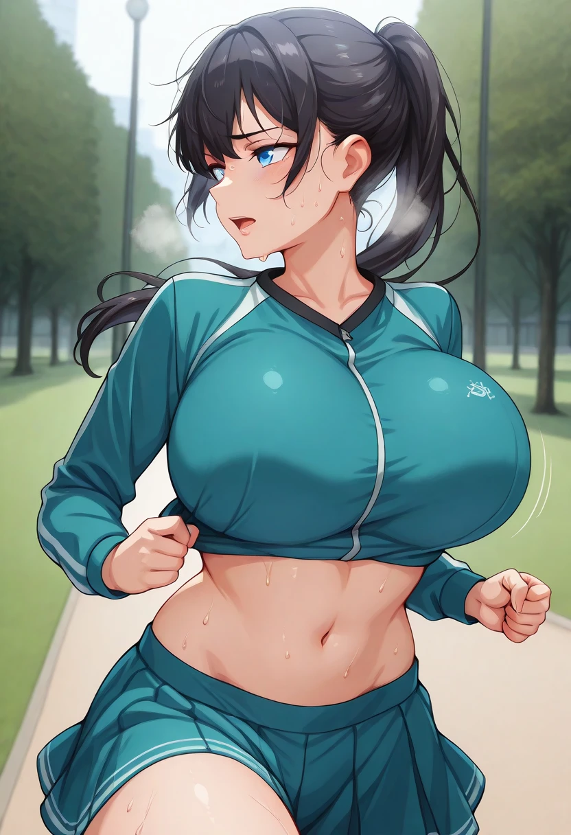 Beauty、Long Black Hair、((Big Tits))、(((Nipples)))、embarrassed face、Crying face、Selfie、(Gym suit)、(Schoolyard)、running