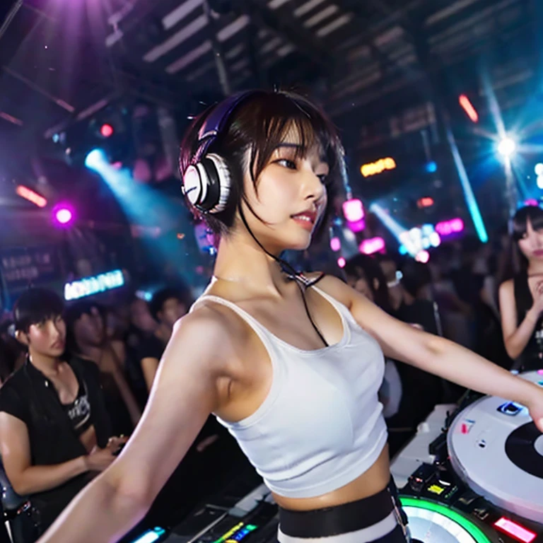 (8k, Ultra-high resolution, The best masterpiece, best quality:1.2), Very detailed, Complete Solution, (actual, actual photo: 1.37), Half Body, focus on eyes, HD RAW photos, career arrest, High quality and beautiful, 超高清 8k 影像照片, Volumetric lighting, Soft Light, confess, Professional photography, Very detailed的美麗女孩, Super delicate face shape, Contoured eyes, (Very detailed eyes), Precisely shaped nose, expressive lips, Delicate skin, (HD Skin:1.2), Neatly contoured fingers, Every feature is carefully displayed, a story, (20:1.2), Twenty generations, cute girl, beautiful lady, Female DJ, long, straight hair, sparkling amber eyes, red lips, Eye makeup, Cleavage, Colorful stylish clothes , strange, Vibrant look, Playful accessories, creative act, Imaginative, Sensual, spontaneous, Huge DJ stage, Glowing DJ Headphones, Large DJ booth, Operating DJ turntables and mixers, (neon lights:1.2), stage spotlight, Music Club, Nightclub, disco, Large music , (Crowd of people dancing on the dance floor in the background:1.4), Performances on a large stage, best quality, Texture, intricate details, (dance floor lighting), perfect anatomy, Detailed background, HD background without blur, particle, actual, stunning details, 8k Ultra HD, high quality, CG unity, C4D Rendering, 3D Rendering