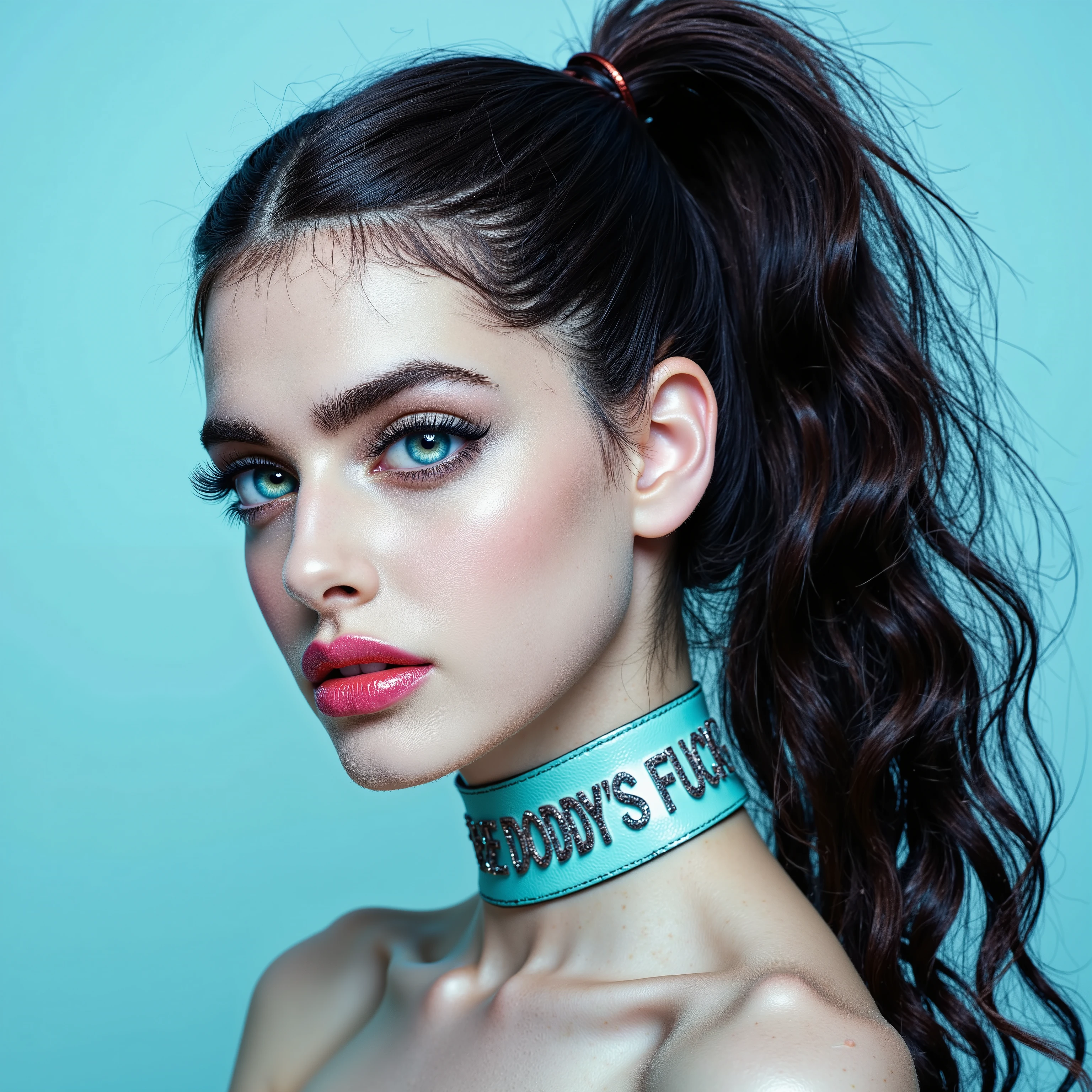 Beautiful albino girl with bright blue eyes, long curly Black hair with a ponytail bind up, light turqouse plane background , porcelain skin , (Thick turqouse leather choker with silver text "DADDYS FUCK TOY"), Ultra detaild skin, photo ultra-realistic, hyper-detailed , Vogue photo shoot , cinematic, big limps with glossy pink lipstick