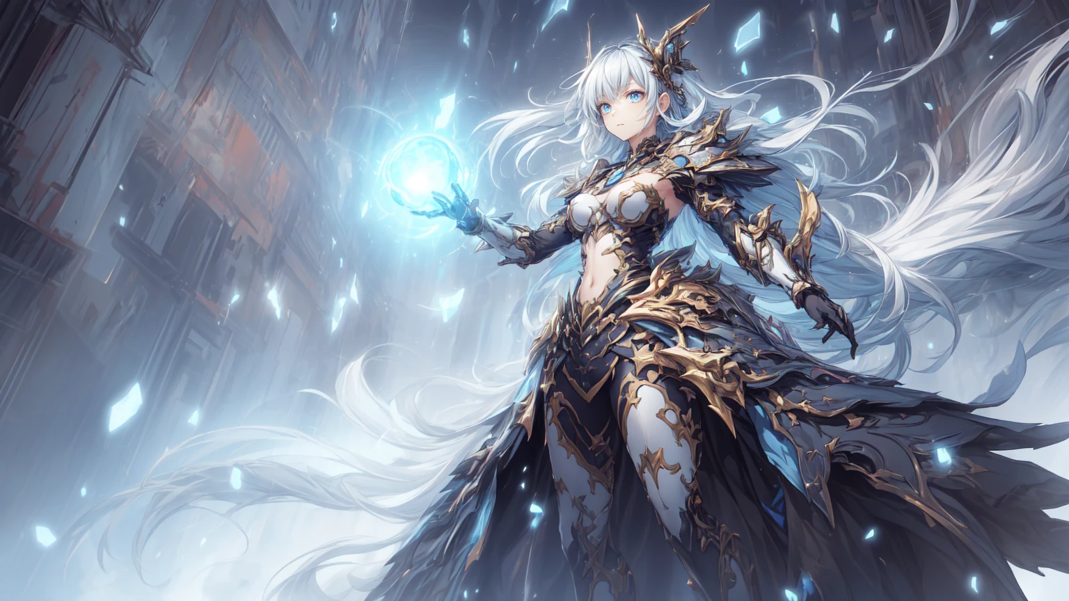 ((Highest quality)), ((Truly a masterpiece)), ((Ultra-detailed:1.4)), ((Ultra-Photorealistic 3D)), Android Magical Girl, Mechanical body, Dynamic action poses for battle scenes, Very complex and heavy fighter aircraft mechanical armament, Off-the-shoulder fashion that combines steampunk and gothic lolita with attention to detail, Intricate steampunk headgear, Very thin、Over-the-knee reggae mechanical boots、Fluttering lace flare mini skirt、 Beautiful small breasts directed upwards、Swaying in the Wind、Long, curly silver hair,、Countless large, shining spheres fly around、Lots of sparks cross and fly、Countless neon lights pouring down from the magical pose、Complex and precise mechanical Night City、Very dark background、Very dramatic and cinematic lighting、Big wings on the back8Growing in Sheets。