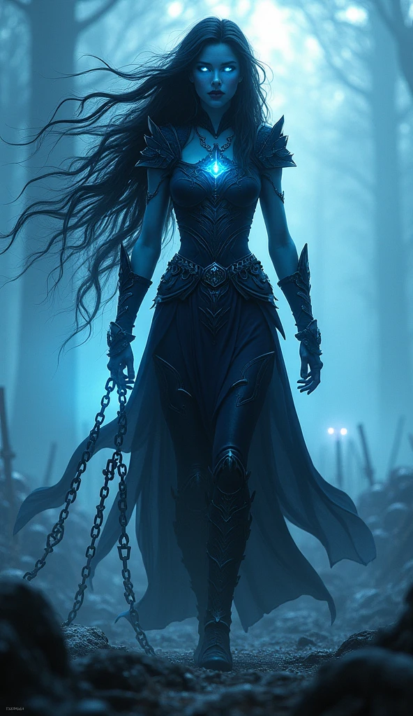 night elf, ((Masterpiece, best quality)), full body view, extremely detailed digital painting, cinematic lighting, mystical atmosphere, elegant posture, long hair, glowing eyes, intricate busty armor, fantasy landscape, dramatic scenery, moody colors, volumetric fog, dramatic lighting, looking onto the undead rising from the ancient graves in the forest, moon light shining thru the forest canopy
