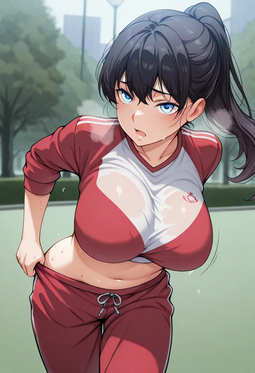 Photo of a indonesian female teacher with saggy breasts, (((keeping the goal))) in the middle of(soccer field), 40yo,busty body, tall body, tanned skin, dimples, light, detailed face, embarrassed face, ((looking disgusted)), ((very angry)), (dissapointed), ((hands raised up)), ((hands in front)), Perfect breasts, big breasts, natural breasts, big nipples, G cup, (((brown hijab))),(((glasses))), (nude), ((torn_tank_top:1.4)), (((cotton panties))), (((goalkeeper gloves))), (sweat:1), (wet)