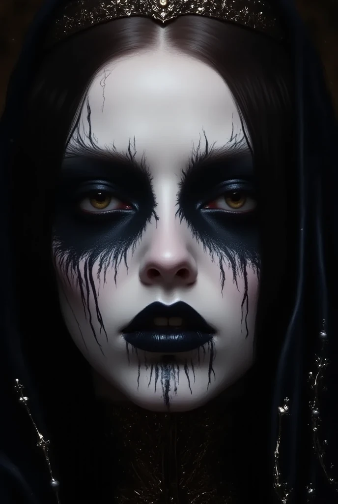 Vkei_Realism, 1girl, solo, long hair, looking at viewer, black hair, bow, hair over one eye, orange eyes, makeup, wavy hair, lipstick, pale skin, portrait<lora:Vkei_Realism:0.75>