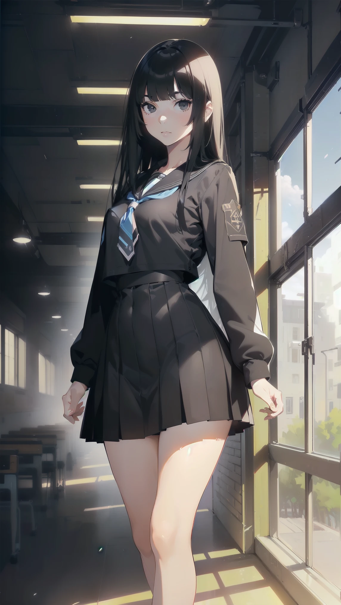 masterpiece, best quality, 1girl, solo, (Ilya Kuvshinov hairstyle), (sailor school uniform), ((top quality, ultra-detailed)), ((high resolution, extremely detailed CG, unity 8k wallpaper, by famous artist, perfect anatomy, super detailed skin, cinematic lighting, UHD, retina, anatomically correct, 1080P)), (Please draw a single one rude girl walking in a classroom school :1.3), ((1girl)), (Solo, face,:2.0), a high school student, ((full black hair)) ((long bob hairstyle)) ((blunt short bangs)) ((micro bangs with long hair)), ((long hair, straight hair fallen down and still hair)) Full limbs, complete fingers, ((perfect fingers, perfect arms)), ((detailed face)) ((gothic, intimidating girl, sadic face)), medium chest, medium butt, Beautiful detailed full black eyes, ((black eyes)) perfect eyes, (Detailed Lighting), (Detailed background), ((in the school zone)), full body view, standing, single girl (one girl), ((full body view)) ((Background is the school)), ((front body)), ((full body)) ((standing)) ((detailed perfect face)) ((classroom))