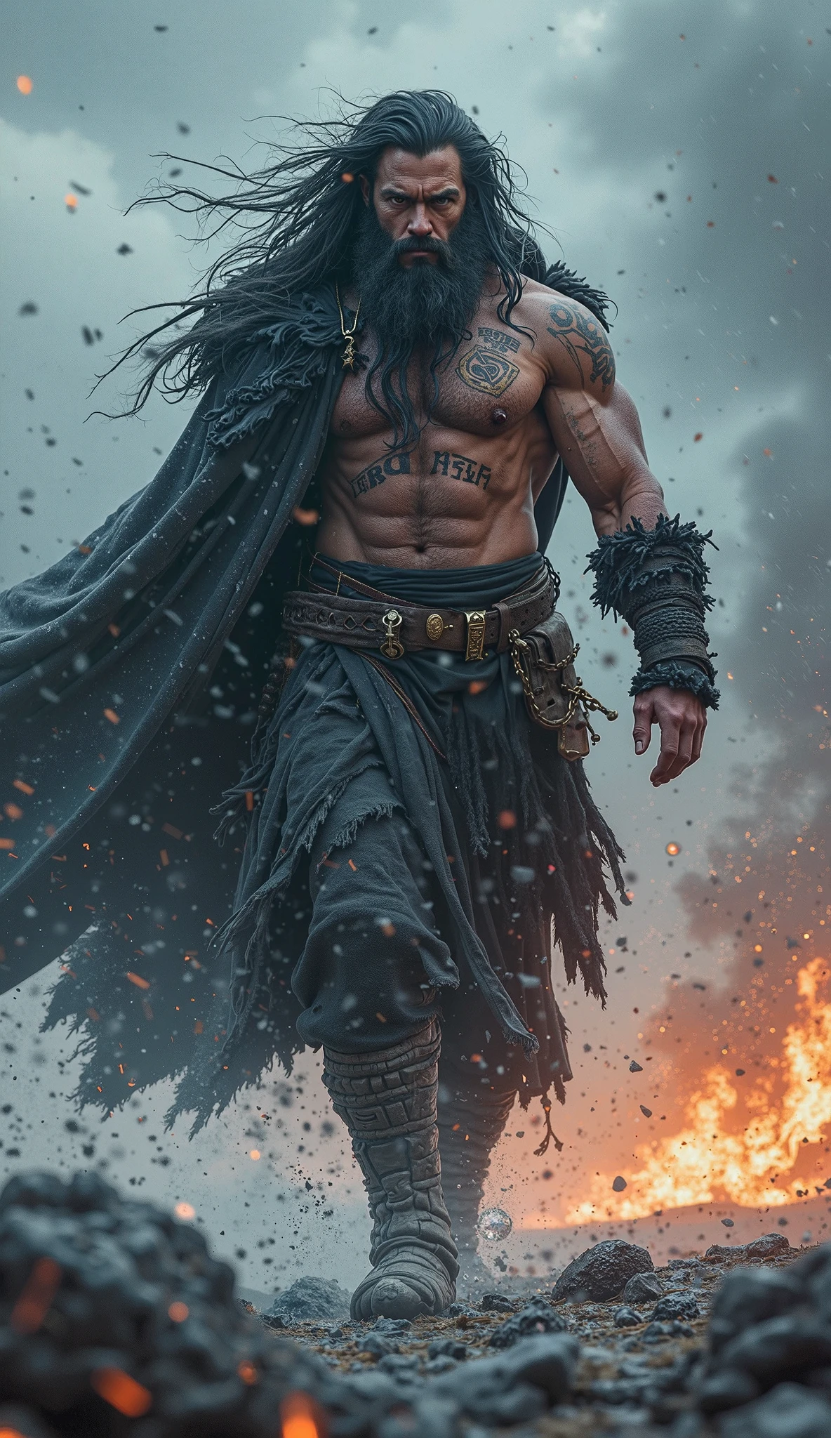 A being with a thin, pale and old body with a huge beard, with tired eyes, This being has 4 arms, using a sword and a sickle in his hands, and a hoe and a sword in the other two hands, background with destroyed scenery and red flames and dark sky
