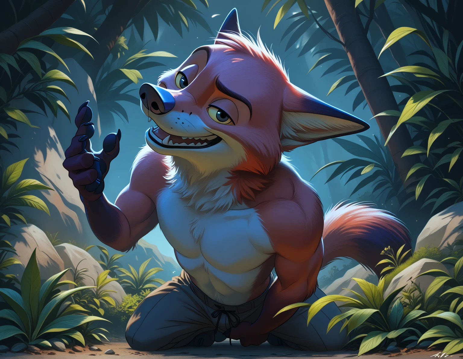 solo, male, (slim), (male anthro lizard):1.3, yellow body, red belly, (laying on back):1.3, (kemono:1.4)
(typing on computer) (blue boxers, red pattern:1.2),
detailed eyes, lizard tail, ((body portrait)), (detailed eyes, green eyes, glowing eyes):1.1,
(outdoors:1.35), computer, forest, candle, night, (particles, firefly, blue glowing):1.3, 
detailed background, photorealistic, realistic hands, 8k hd,
(dark shadows, wide dynamic range, hdr, low light:1.2),
by (by Pino Daeni, (by ruaidri), (by virtyalfobo), (by Kenket).