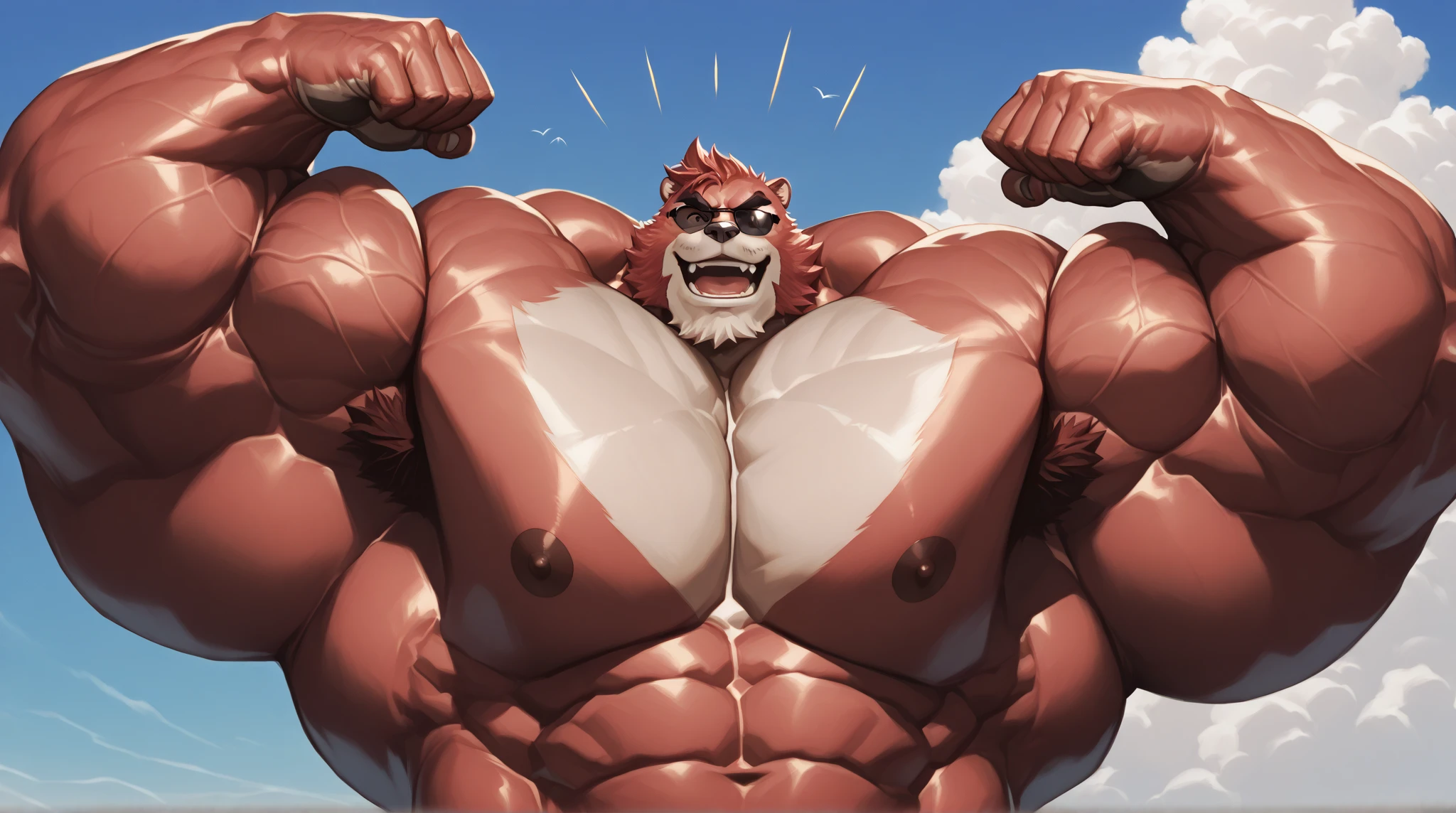 Demon, hairy chest, bearded, Big , muscular, Big thighs, handsome, Red hair, light brown skin, erected, Heroic pose, muscular arms, Big muscular chest, detailed light blue eyes
