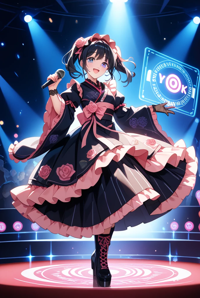 Yukino, yukino yukinoshita, Black Hair, blue eyes, Long Hair, Ahoge,happy smile, smile, Open your mouth,アイドル歌手がライブstageで熱狂的に歌うシーンのイラスト. アイドル歌手がstage中央に立っている. Idol singers wear idol-style kimonos and ,I'm wearing boots. The idol singer has her hair up and is wearing a headset. An idol singer is holding a microphone and singing. The idol singer's expression is serious and powerful. The singer's voice is strong and beautiful. stageの周りにはファンが集まる. Fans are singing and dancing along with the idol singers.whole bodyがイラストに入るように,
break indoors, stage,
break looking at viewer, whole body,
break (masterpiece:1.2), Highest quality, High resolution, unity 8k wallpaper, (figure:0.8), (Beautiful attention to detail:1.6), Highly detailed face, Perfect lighting, Highly detailed CG, (Perfect hands, Perfect Anatomy),