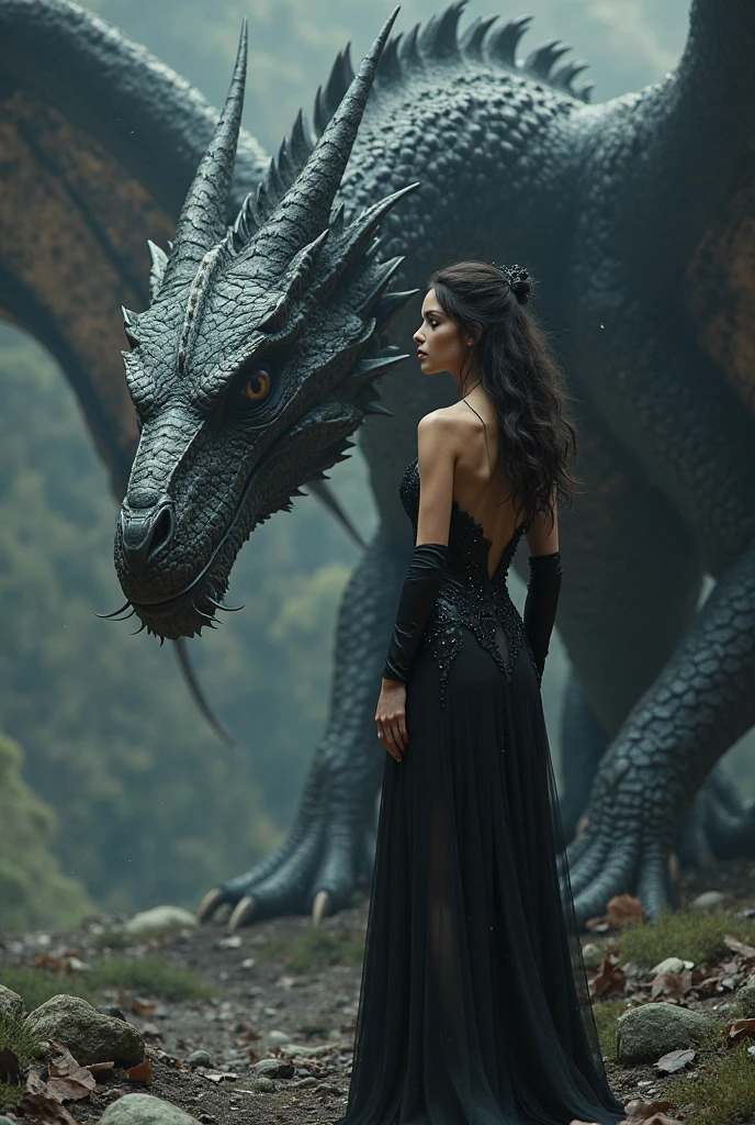 Image of a giant black dragon and an extremely beautiful woman, dressed in black pants, and black leather turtleneck shirt, grayish eyes, long black side braided hair, and white locks