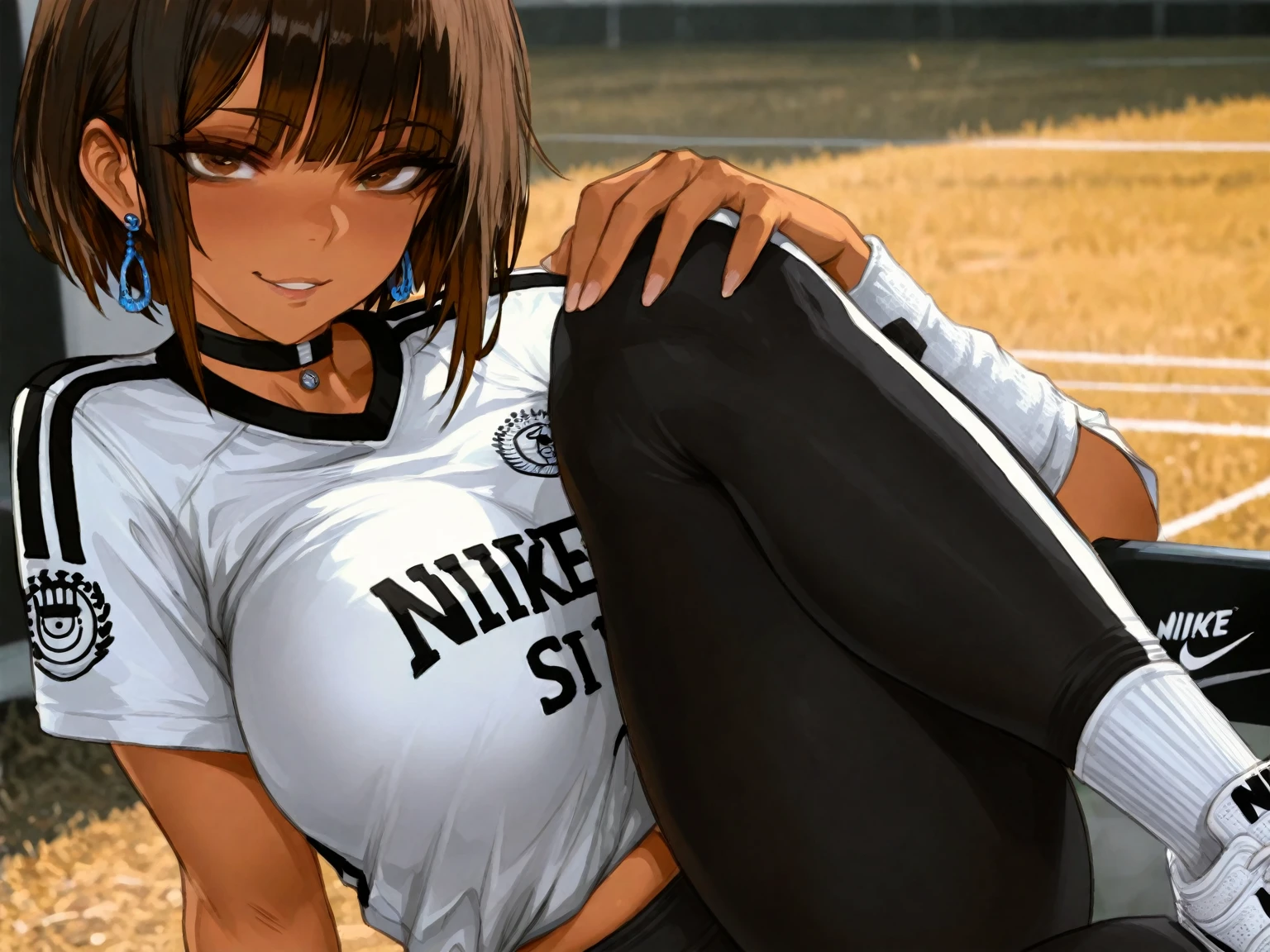 (((side view))), (((1woman))),(((solo woman))), Photo of a malay female with saggy breasts, (((keeping the goal))) in the middle of(soccer field), 20yo,petite, skinny, slender body, short body, tanned skin, dimples, light, detailed face, embarrassed face, ((looking sad)), ((crying)), (scream), (tears), ((hands raised up)), ((hands in front)),tiny breasts, small breasts, natural breasts, A cup, big hips, big ass (((hijab))),(((glasses))), (((sorella underwear))), (nude), (((sorella bra))), (((sorella panties))), (((goalkeeper gloves))), (sweat)
