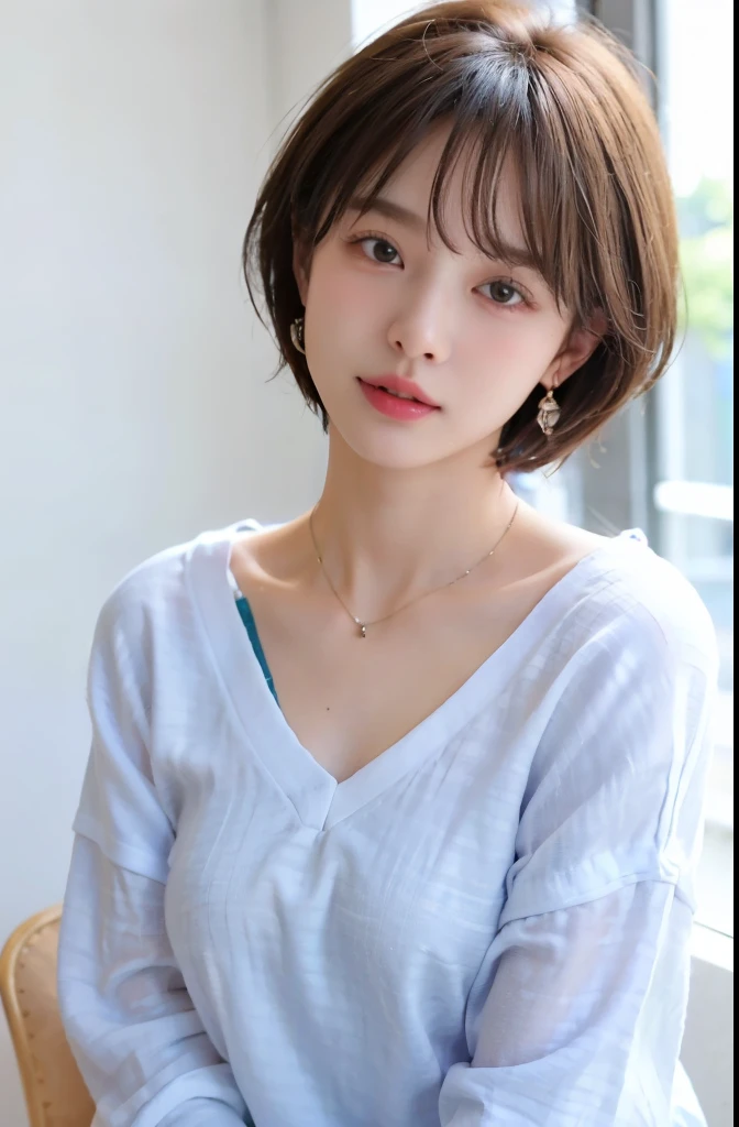 ((highest quality、8k、masterpiece:1.3))、1 girl、18-year-old, (casual hairstyles、very short hair)、interior、super detail face、delicate eyes、double eyelid、laughter、Highly detailed upper body、Highly detailed lower body、(full body photo)、Spring 2024, Tokyo,  Clothes that are popular in spring,  The background is Shibuya