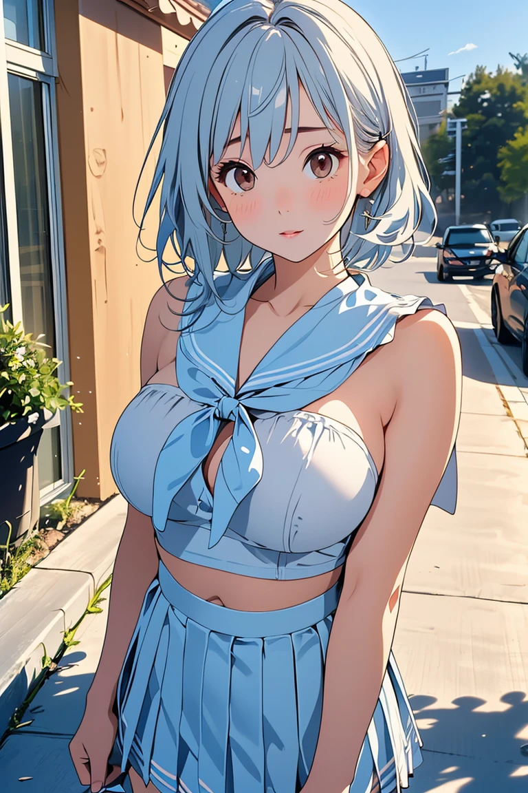 mastute piece,Best Quality,insanely detailed,8k cg,nsfw,
(shoot upper body:1.3),
(1girls:1.3),(Petite:1.2)、Short、standing,looking at viewr,body in front,both arms behind back,(Kyudo、White vest、Hakama),(bare breasts:1.4,bare crotch:1.4),Boobs exposed、
break,
blush,shy,(trembling:1.2),(Light blue hair:1.4),
break,
perfect breasts,perfect teats,(open mouth:0.9),(large breasts:1.3),
(Kyudo場)、