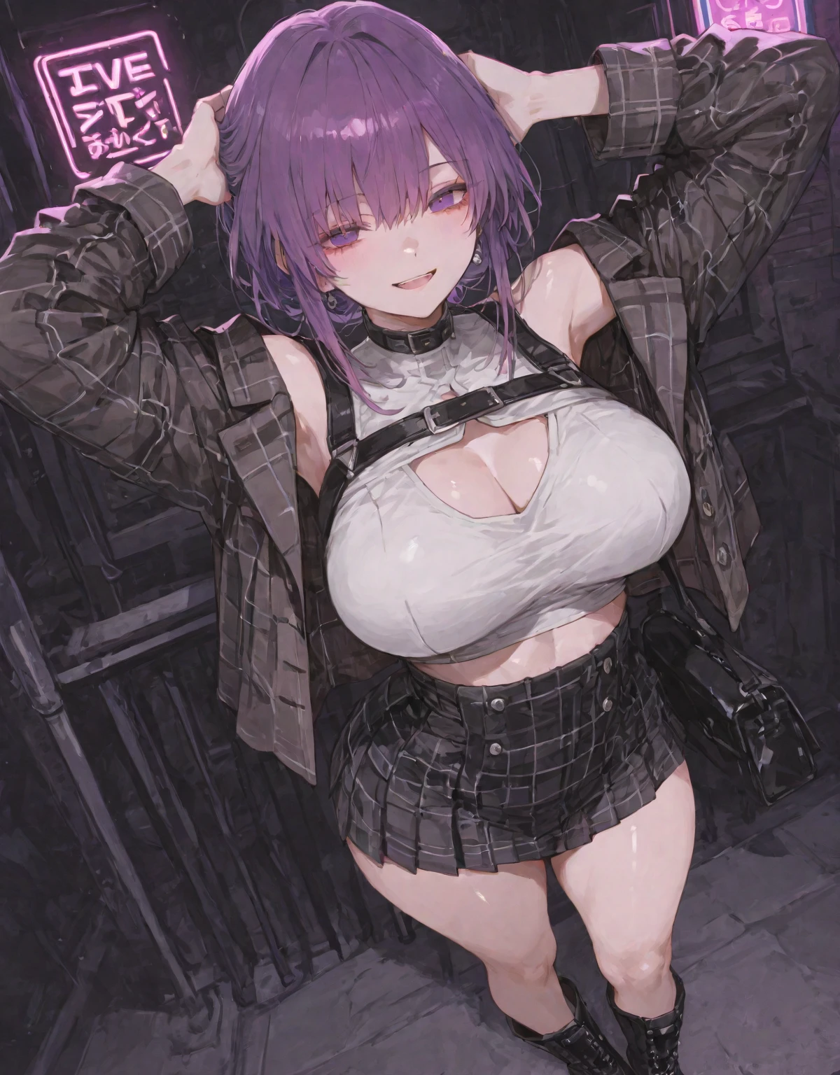1girl, purple nails, White skin, big breasts, (hair over eyes: 1.1), ringed eyes, pink pupils, silver hair, spiky hair, short hair, asymmetrical bangs, braid, (police: 1.4), (wifes: 1.2), (excited: 1.2), (hair fan), light blush, open coat, you are going to eat, Sideboob, webcam, cyberlive, live stream, (cowboy photo: 0.8), (expressions), ((data book)), (noted:1.4), ((wardrobe table)), ((((How to do it)))), (Text:1.4), (hips:1.6)