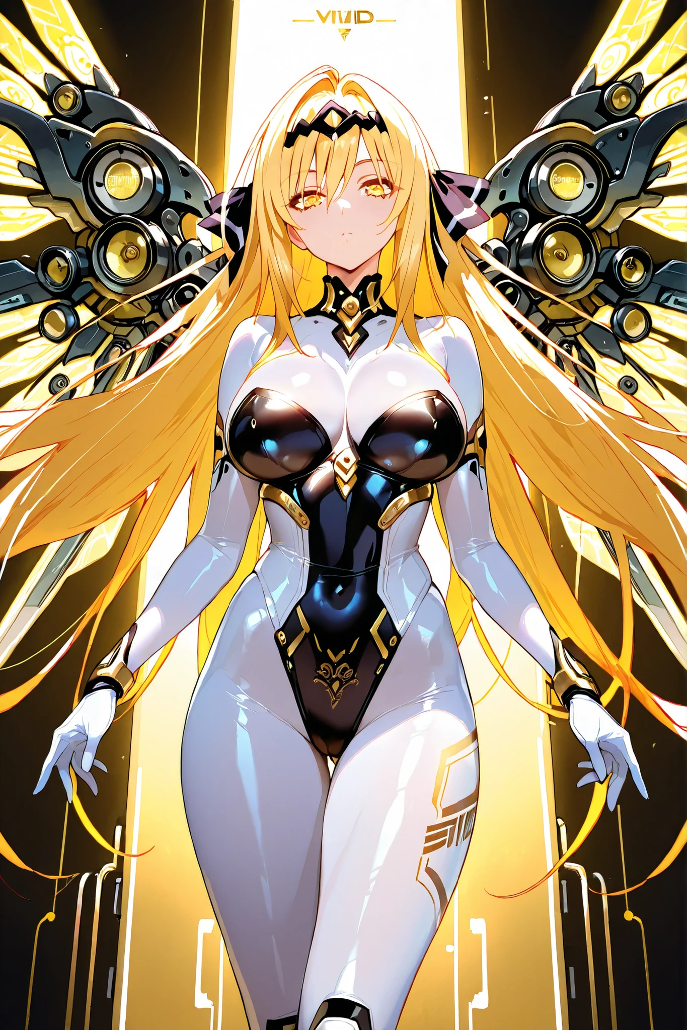 Anime, Girl, (((1girl))), (((Waifu, Kiss-Shot Acerola Orion Heart Under Blade Waifu))), (((Vivid Yellow Hair, Long Hair))), ((Golden Yellow Eyes, Detailed Eyes, Symmetrical Eyes)), (Detailed Body, Detailed Face), Slim Face, Idol Pose, [(((Gold and White Color Scheme))), (((CPU))), (((Console Patron Unit))), (((Hard Drive Divinity))), (((Skintight Leotard))), (((Floating Mechanical Wings))), (((Holographic Wings))), Aura of Golden Light], (masterpiece:1.2), (best quality:1.2), (very aesthetic:1.2), (absurdres:1.2), (detailed background), newest, intricate details,