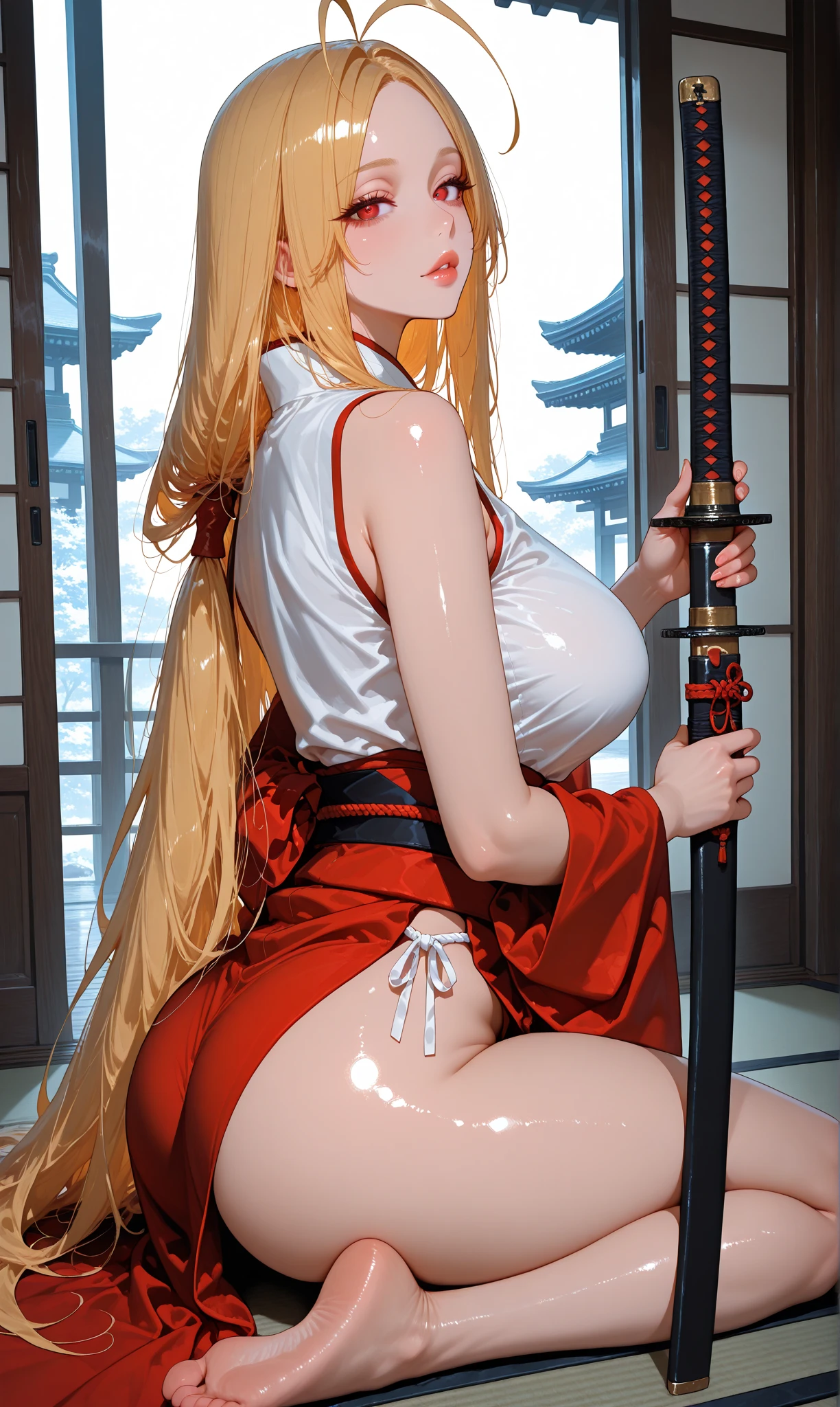 Golden hair、Beautiful young looking woman、Masturbation behavior、A slight smil、gloss々full nude、twintails hairstyle、Yellow ribbon hair ornament、big areolae、Abundant axillary hair、Dense pubic hair、A towering erect penis、loose scrotum、Beautiful hands、opening legs、Beautiful anus、santa claus cape、on the beds