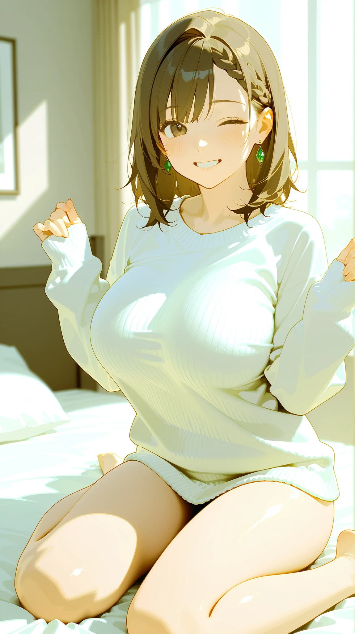 Tianyu_haze, , yellow_sweater_Red_skirt, permanent, Solitary, Large Breasts, (((Large Breasts、Breast sagging、Low-cut，Cleavage ，Wide hips,)))((Long legs)),Hourglass figure)), , masterpiece, best quality, Delicate face, delicate eyes, High resolution,