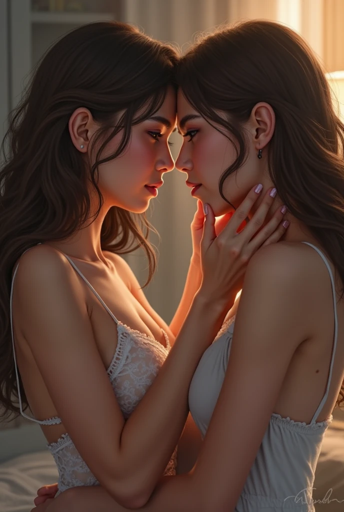 real photograph, (Top image quality, 8k, ​masterpiece), top-quality, 超A high resolution,2 Japan Girls,ld, pretty face, multicolored lace bra, kawaii faces, Melancholy look, kissing, double eyelid、White breasts: 1.4、long hair and Bob hair、night modern room、window, Gleaming urban nightscape, Movie Lighting, Photorealsitic, real looking skin, NFSW, 35mm, Shot with Leica,