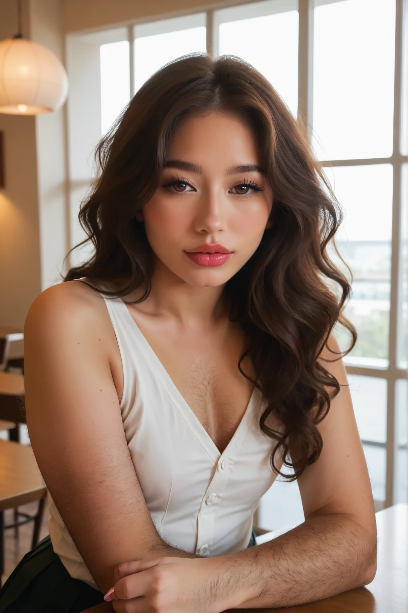 score_9, score_8_up, score_7_up,
A photo of a Japanese girl,1girl,24yo,(futanari:1.3),cinematic lightning,portrait,front shot,(sitting at table at cafe),(very hairy body:1.4), face focus,(pale skin),(leg hair),(arm hair:1.3),armpit hair,sleeveless shirt,pleated skirt,(cute face),cry,brown eyes,(bushy eyebrows),thick lips,(lipgloss),(pink lips), (flat chest),parted bangs,black wavy hair,sidelocks,(UHD)