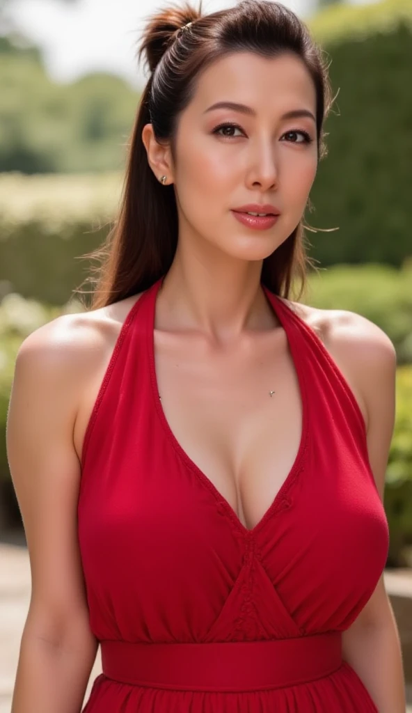 Highest quality, masterpiece, High resolution, Photorealistic, RAW Photos, 8k wallpaper, perfection, Professional Lighting, Very detailed, ((One beautiful woman)), 40 years old, Sexy Woman, ((Gorgeous red printed dress)), Cleavage, mother,Upper Body, ((look into the viewer'Eyes)), Detailed face, Beautiful Eyes, ((Look forward)), Stylish dining room, sunny, bangs, Shapely breasts, Short Bob Hair, Plump and glossy lips, Cowboy Shot, ((Place your arms between your legs))Japanese,Big Tits,Long Hair, Black Hair,