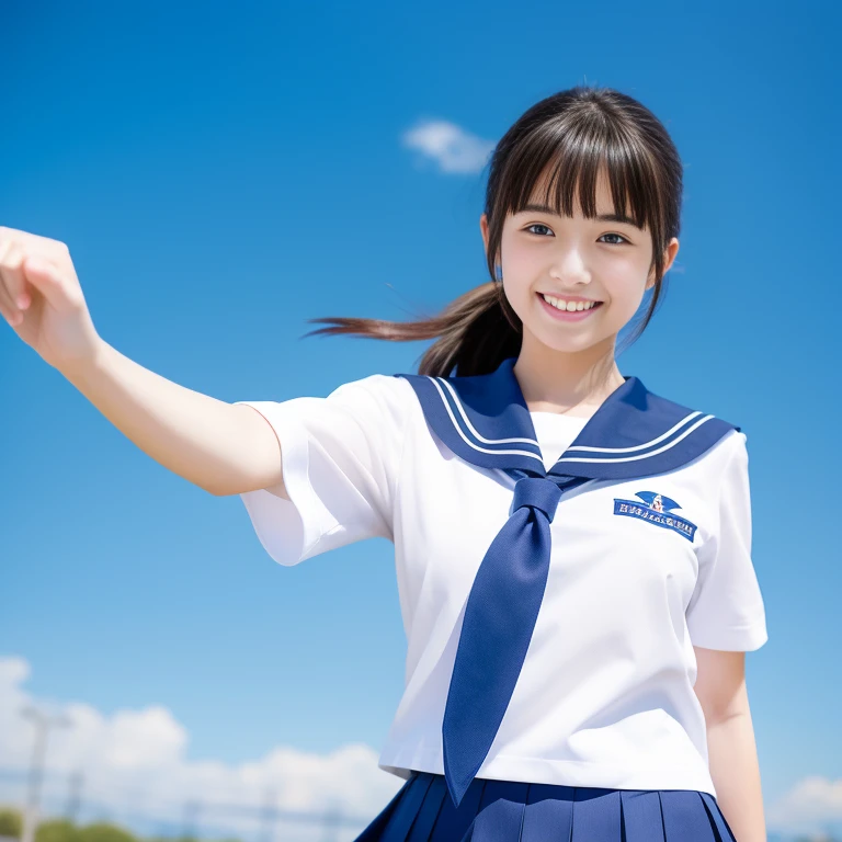 ((highest quality, 8k, masterpiece: 1.3)), Sharp focus: 1.2, 1 girl, 16 years old, Pretty girl with perfect body shape, cute, shy, ((Straight hair down to the shoulders swaying in the wind)), (White buttoned shirt: 1.1), skirt, Highly detailed face and skin texture,(masterpiece,highest quality,超A high resolution),Japanese women, Very beautiful 17 year old girl, Ubu no Girl、(Perfect limbs、Perfect Anatomy),((Bob Hair)).cuteSailor suit、半袖Sailor suit、ネイビーブルーのskirt、pure white、Beautiful Skin、Watery eyes、Sparkling brown hair、The colors and landscapes of youth、Feeling of love、huge 、恥ずかしそうなsmile、go to school、morning, (run and jump)、Schoolyard、Cheerfully、smile、skip、Teenage Girls　Japanese　Realistic　10 generations　　Background Blur、Sailor suit、blue sky