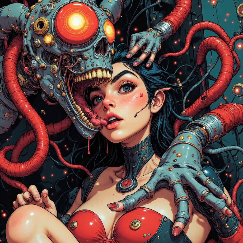 sexual girl, slutty, ugly man, multiple boys, gangbang, monster, horror, black hair, slender body, blue eyes, mascara, torn clothes