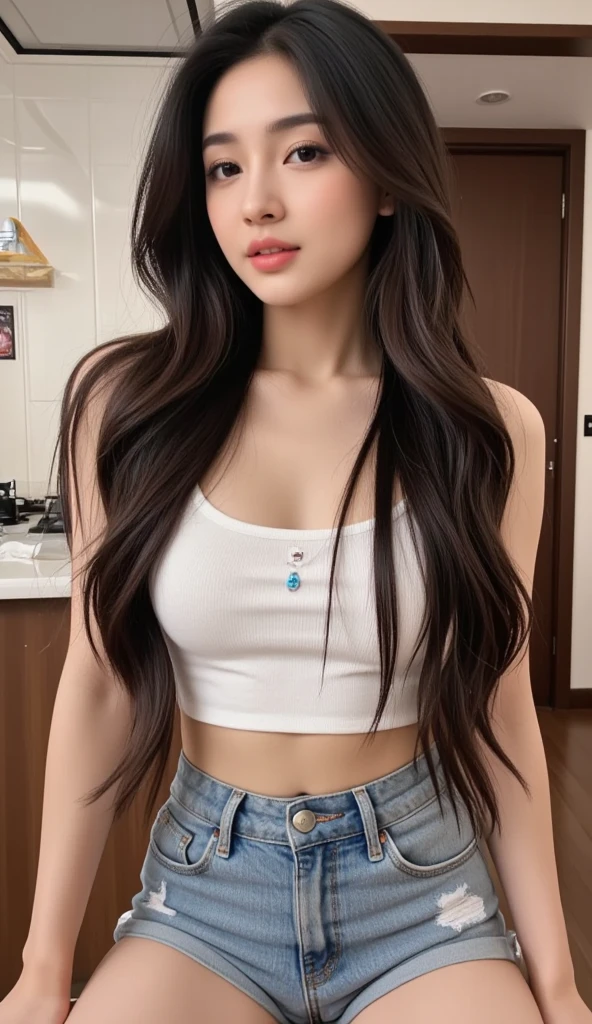((Realistic lighting、top-quality、in 8K、masterpiece:1.3))、Clear focus:1.2、girl with、perfectbodybeauty:1.4、Slim abs:1.1、full body Esbian、full body Esbian、((dark brown hair、Big:1.3))、(Acceleration:1.4)、(outside of house、natta:1.1)、Street、tall、Slender face、Narrow-eyes、二重まぶた、length hair、Swaying hair、Exposed cleavage、Floating hair、white tank tops、Super Mini Denim Skirt、a necklace、Navel Ejection、