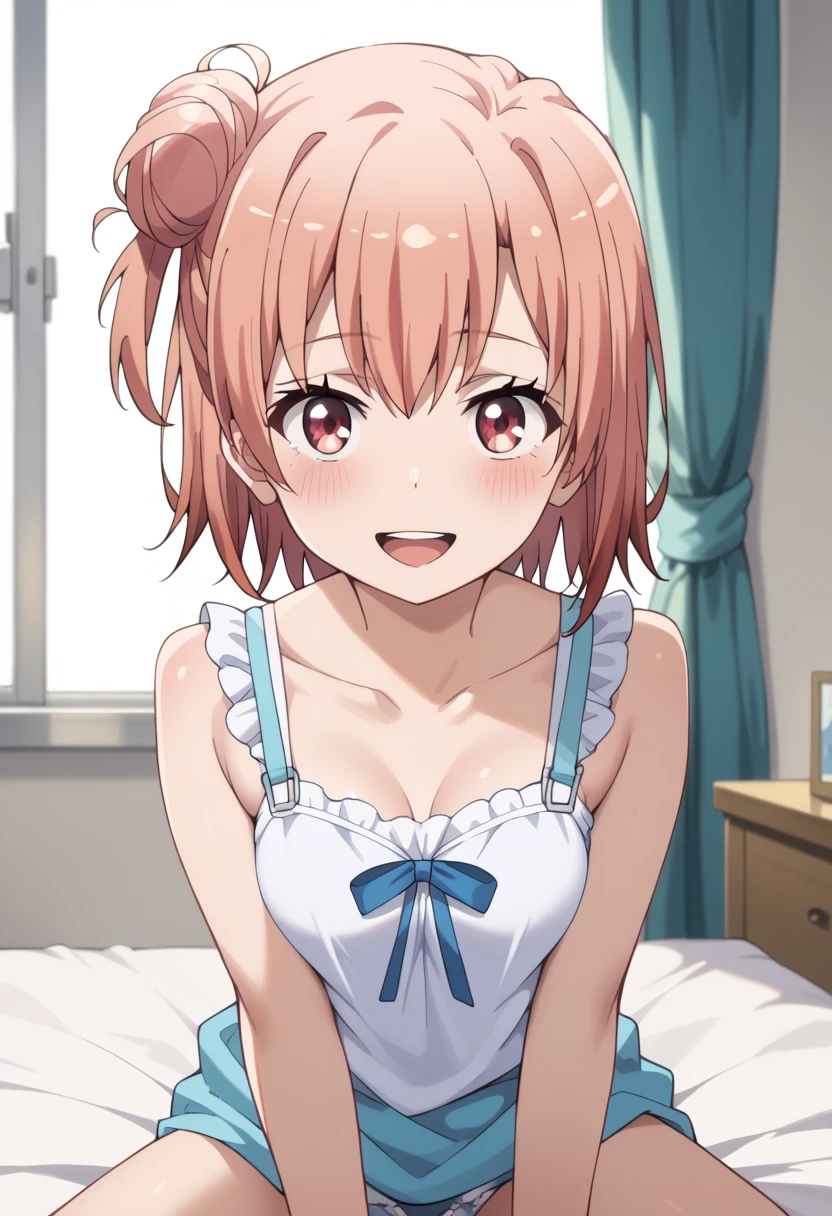 1girl in, Yuigahama Yui, , Short hair, Pink hair, hair bun,
(Best Quality, hight resolution, 4K, Detailed Lighting, Shaders),
Night, Bedroom, nighttime scene, darkness,
Focus, POV,
(Full face blush, Smile), Open mouth,
cleavage, large boob,
(pink frill pajamas),
