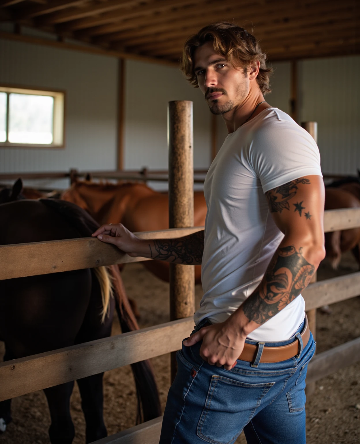 , handsome muscular cowboy, realistic, at the rodeo, short beard ((shirtless)), ((beige jeans)) backside, (((big butt)))