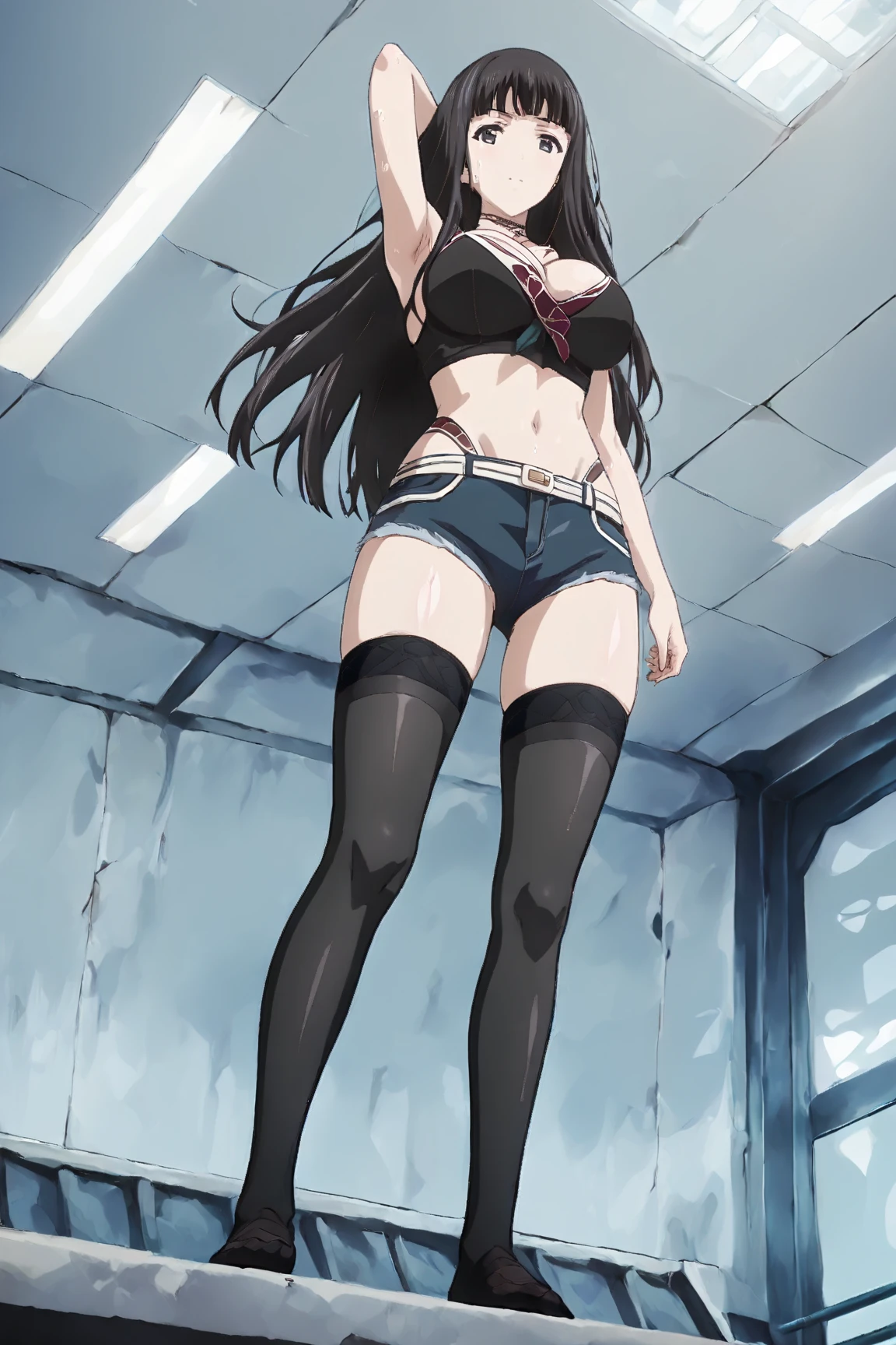 a Japanese girl, anime style being hanged by a rope, stuck in your throat and struggling to breathe, the rope tightens her throat and leaves her above the ground, making your feet swing, the girl is tall and has relatively large breasts, but her breasts are held tight by a bra, the girl tries to hold the rope but without success