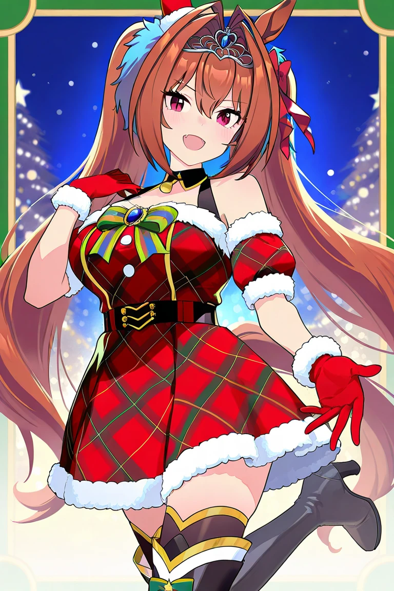 anime girl in santa outfit with bell and christmas hat, red hair, blue eyes, oppai, ecchi, ecchi anime style, seductive anime girl, pixiv 3dcg, at pixiv, pixiv, top rated on pixiv, made cg animation studio, promo art, matured woman, 8k!, shiori arima