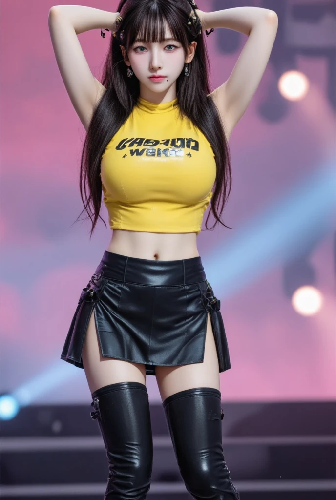 一段上がった広い舞台の上にone womanの子、big breasts、concert venue、singing and dancing、one woman、masterpiece、((extremely realistic、Extremely realistic))((Extreme photo quality、Extremely high image quality、Increase saturation and contrast))((bright smile、smile))、((、beautiful hair、bright hair color、Super Long Straight、moist hair))(drooping eyes、sparkling eyes、stare)(((16 year old girl、small face、Super Baby Face、make、Surreal texture)))(Extremely realistic skin、Extremely fair skin)beautiful armpits、firm chest、超big breasts、Round Breasts、thin waist、constriction、long legs(Detailed US Air Force Pilot Captain Uniform、cleavage、I can see your belly button)、 (Khaki shorts)、(Knee-high boots)((The atmosphere is colorful concert lights,Upper Light、 Create a seductive glow around her))full body shot、Stand and dance sexy