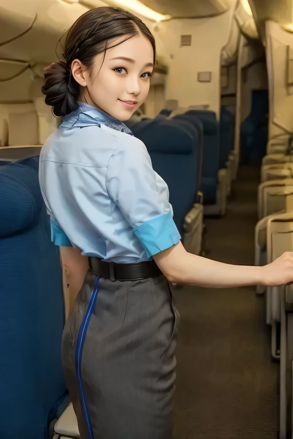  (masterpiece:1.2, best quality:1.2), 32kHDR, high image quality 。  perfect for loosely aligning your legs  , (alone、 1 girl)、（  daytime building rooftop  、 Professional Writing ）、  against the roof of a building  、（ANA Flight Attendant Uniform Blue Wear 、real style ）、（（ ANA flight attendant uniform 、  ANA cabin crew uniform blue skirt 、 Has a Blue Line on the Back 、 wrap a scarf around your neck ））、 lots of dark brown hair 、（ long hair、 hair tied、 hair tied,  braid summary hair  ）、 lots of dark brown hair 、 long hit 、Big Breasts、thin legs、（（ amazing hand  ：2.0）），（（ 。  figure in harmony with the roof of the building  。 ：1.5）），（（generally limb：2.0）），（（generally ：2.0）），（（ watch：2.0）），（（generally goal ：2.0））)、 smile 、（  beautiful back visible ANA cabin crew uniform blue ）、  cross hands under the body  