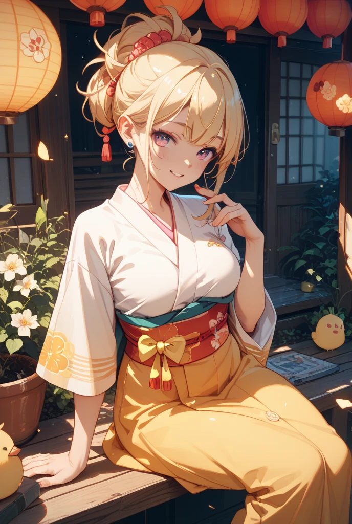 Young girl, blonde hair in a bun, amber eyes, cat ears, kimono, open breasts, smile, masterpiece, high quality