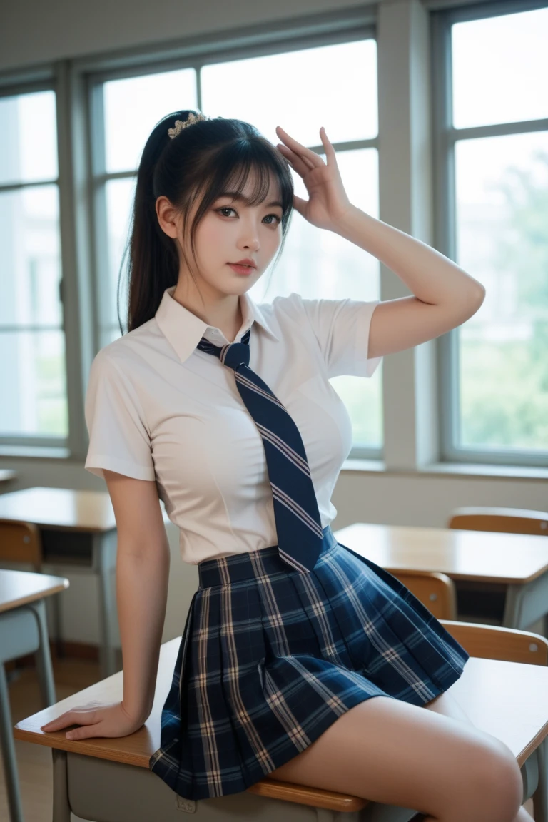 masterpiece, best quality, illustration, Super detailed, fine details, High resolution, 8K,wall paper, perfect dynamic composition,(Details High quality, realistic depiction of eyes:1.3), (white school shirt :1.2), (plaid skirt :1.3), tie black, black thigh-high stockings, sitting, open legs, short bob hair, in a classroom, blackboard in the background, deep on field, large breasts, black hair color, Big Natural Color Lip, (perfect body shape), crying a little、Harajuku style、20 year old girl、cute type、beautiful legs, Gravure Idol