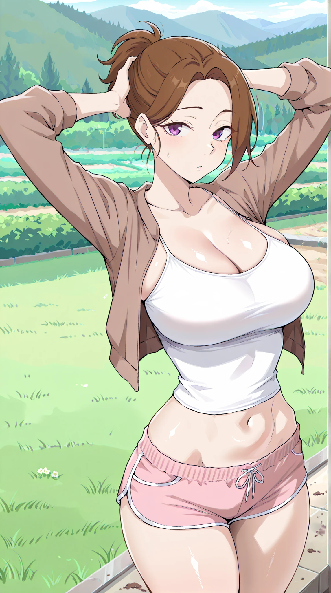((best quality)), ((highly detailed)), ((vibrant colors)), masterpiece, detailed face, beautiful face, (detailed eyes, deep eyes), (1girl), smug look, NeoRWBY, heterochromia, brown eyes, pink eyes, multicolored hair, brown hair, pink hair, short hair, smug, smirk, large breasts, cleavage , lace bra, flashing breasts, shirtlift