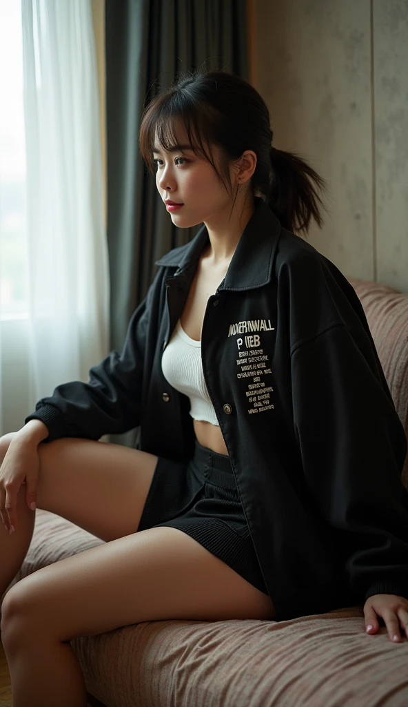 A young korean woman with medium wavy brown hair and a serious expression sits on the floor indoors, leaning against a large window, the forest outside. She is wearing a bright red shirt crop with text, left open show her bare big bust wearing black bra halter neck, also wearing black gstring. She has tattoos cover on her left arm and is accessorized with a watch, a bracelet, and a necklace, grey socks. The lighting is dim, creating a moody and intimate atmosphere. Her pose, with one hand touching her neck and the other resting on her knee, adds a sense of casual yet intense focus.